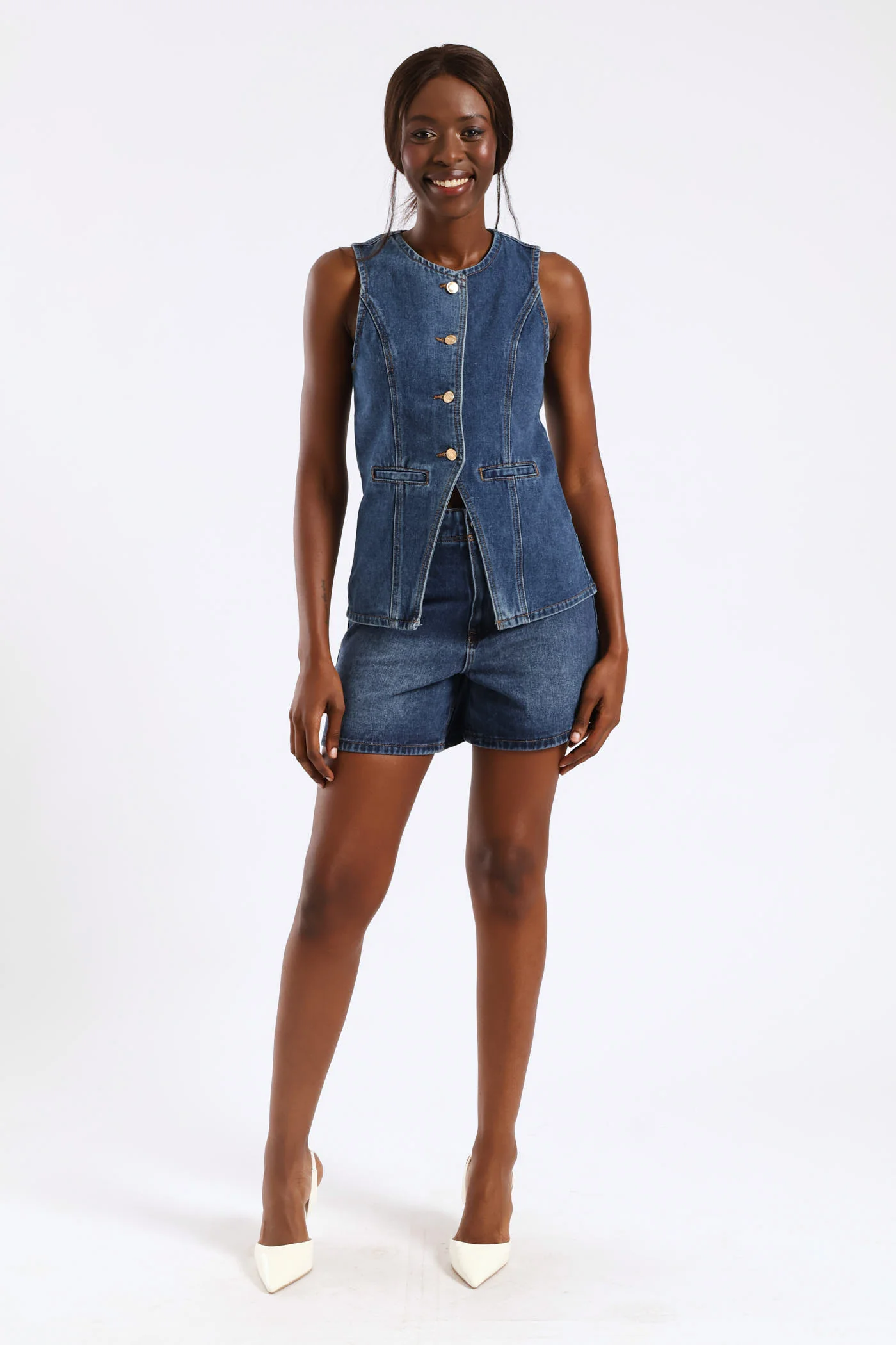 Gold Shank Detail Denim Shorts - Medium Blue - Image 2