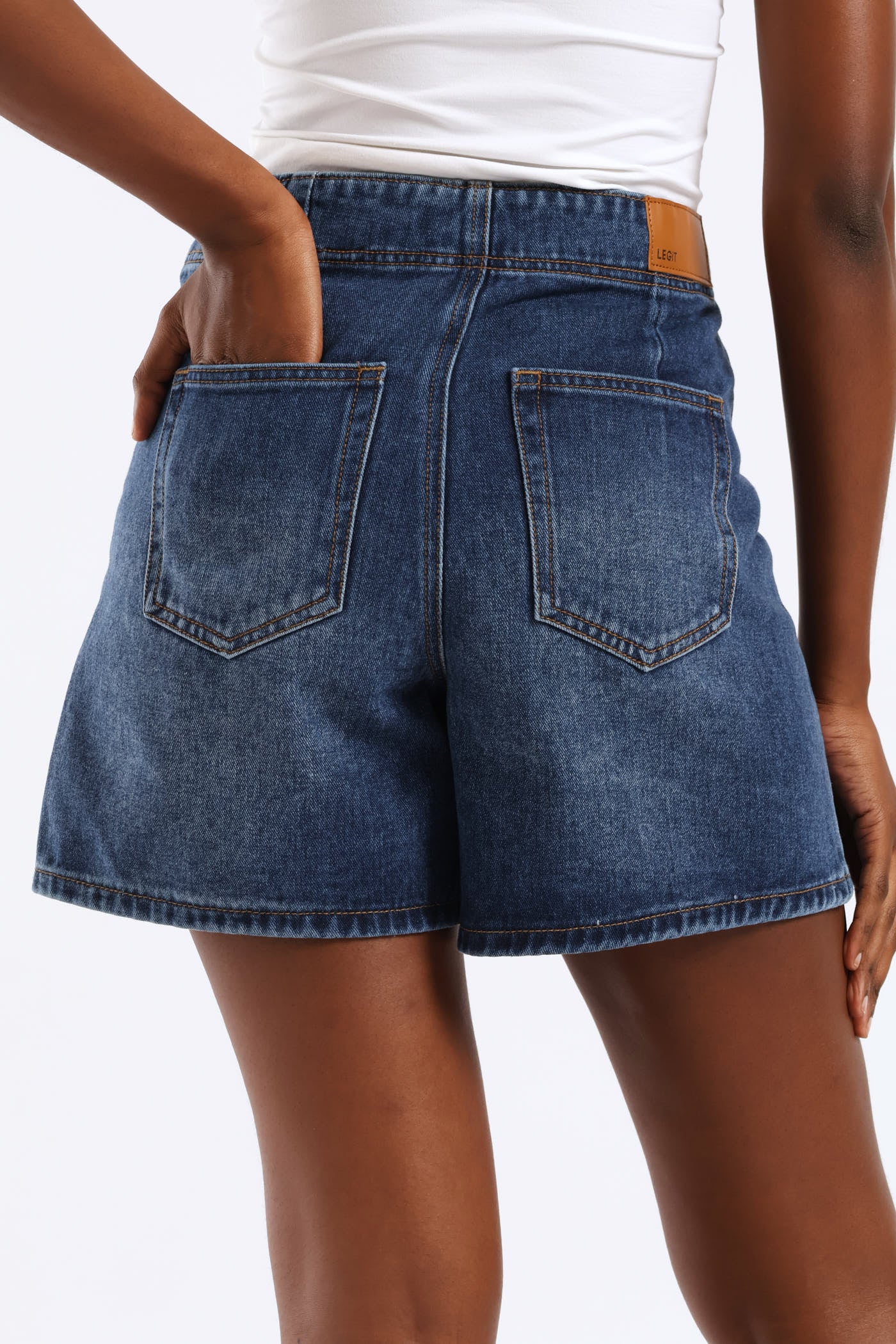 Gold Shank Detail Denim Shorts - Medium Blue - Image 3