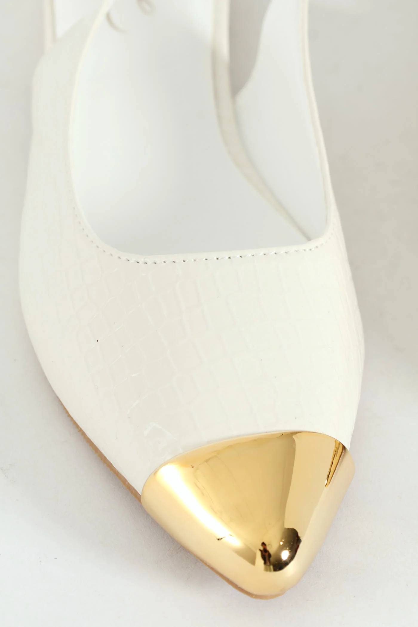 Gold Toe Cap Pointy Croc Slingback Pump - White - Image 3
