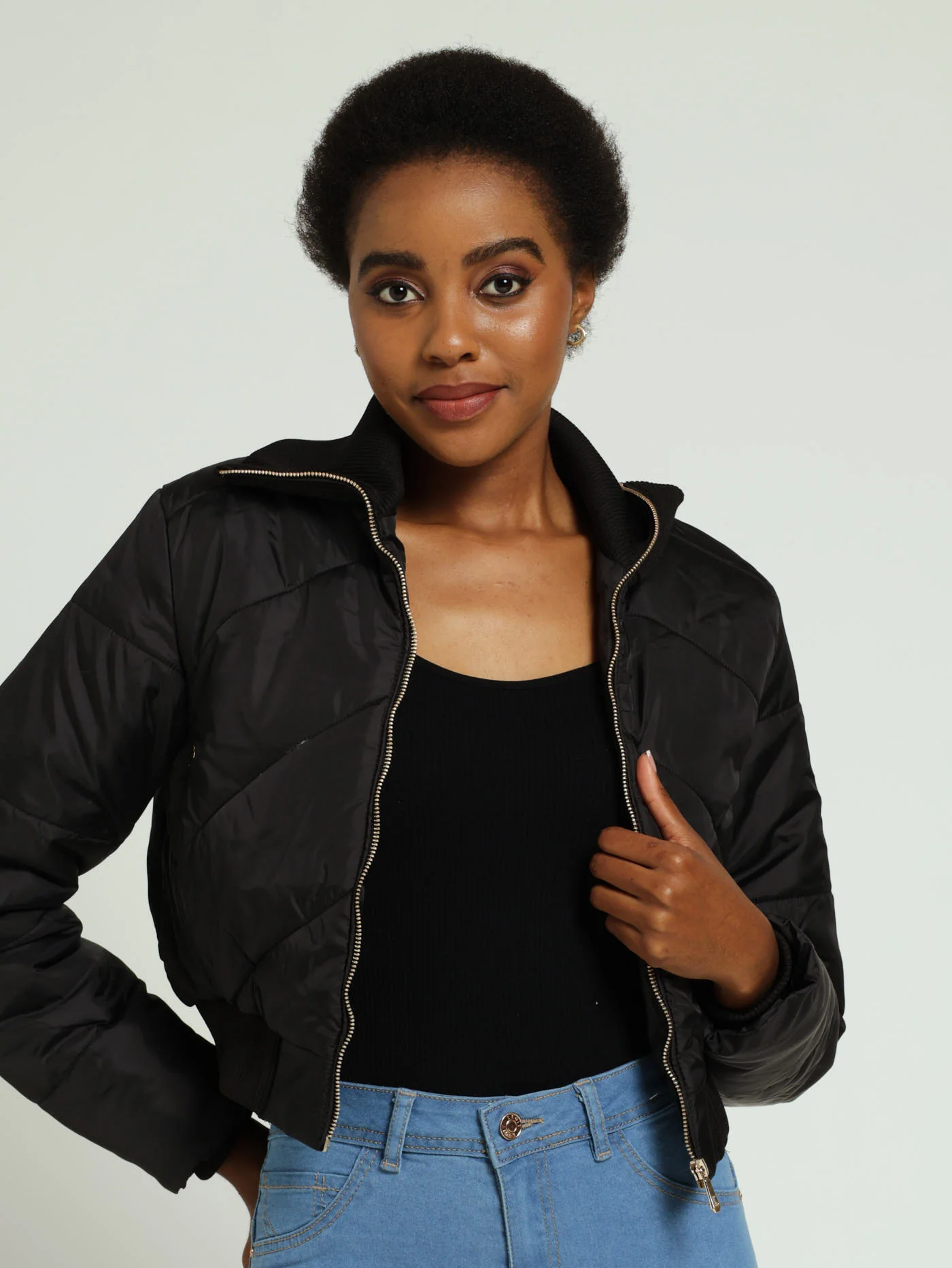 Gold Zip Ribb Hem Puffer Jacket - Black