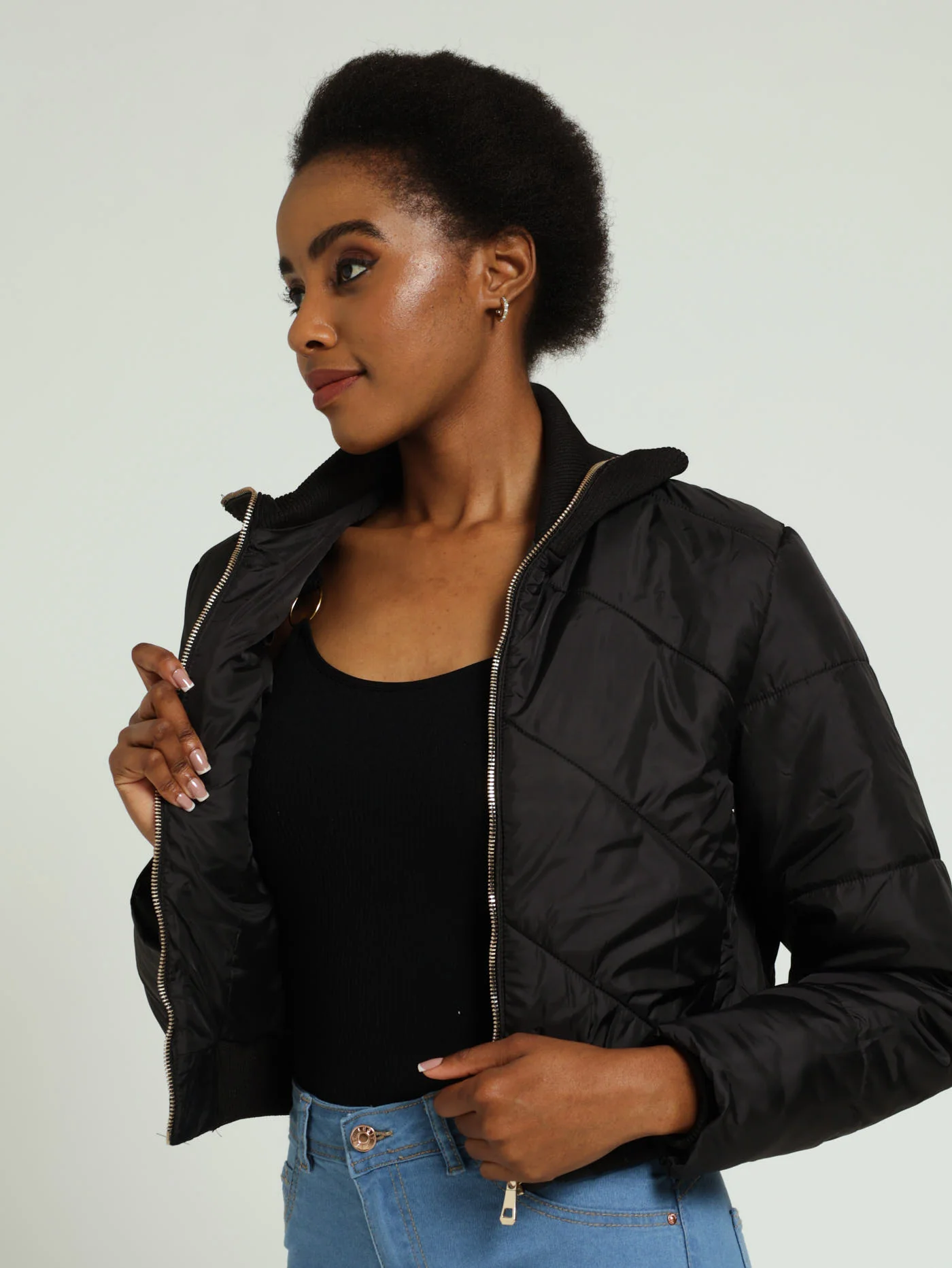 Gold Zip Ribb Hem Puffer Jacket - Black - Image 2