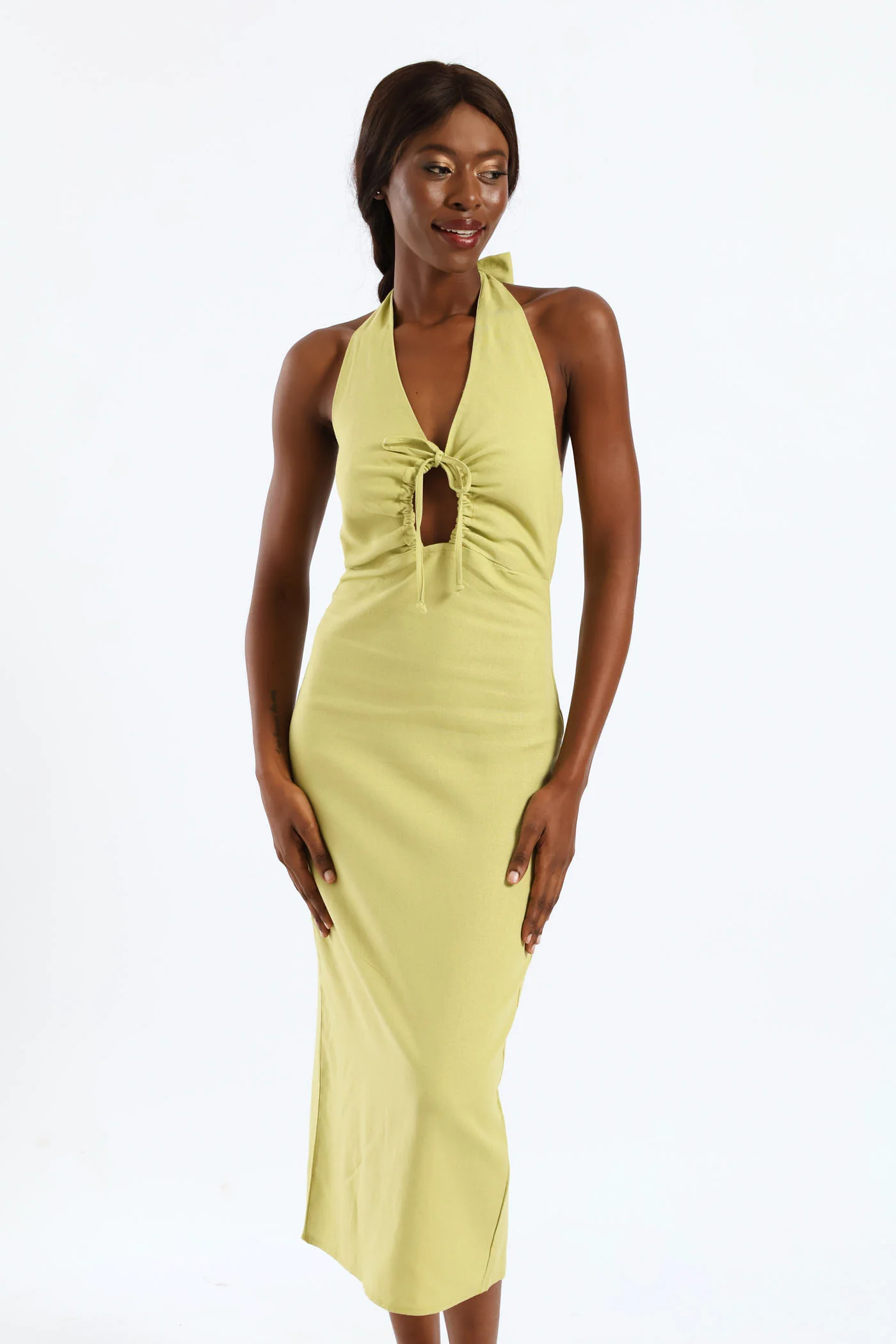Halter Detail Linen Dress - Sage - Image 3