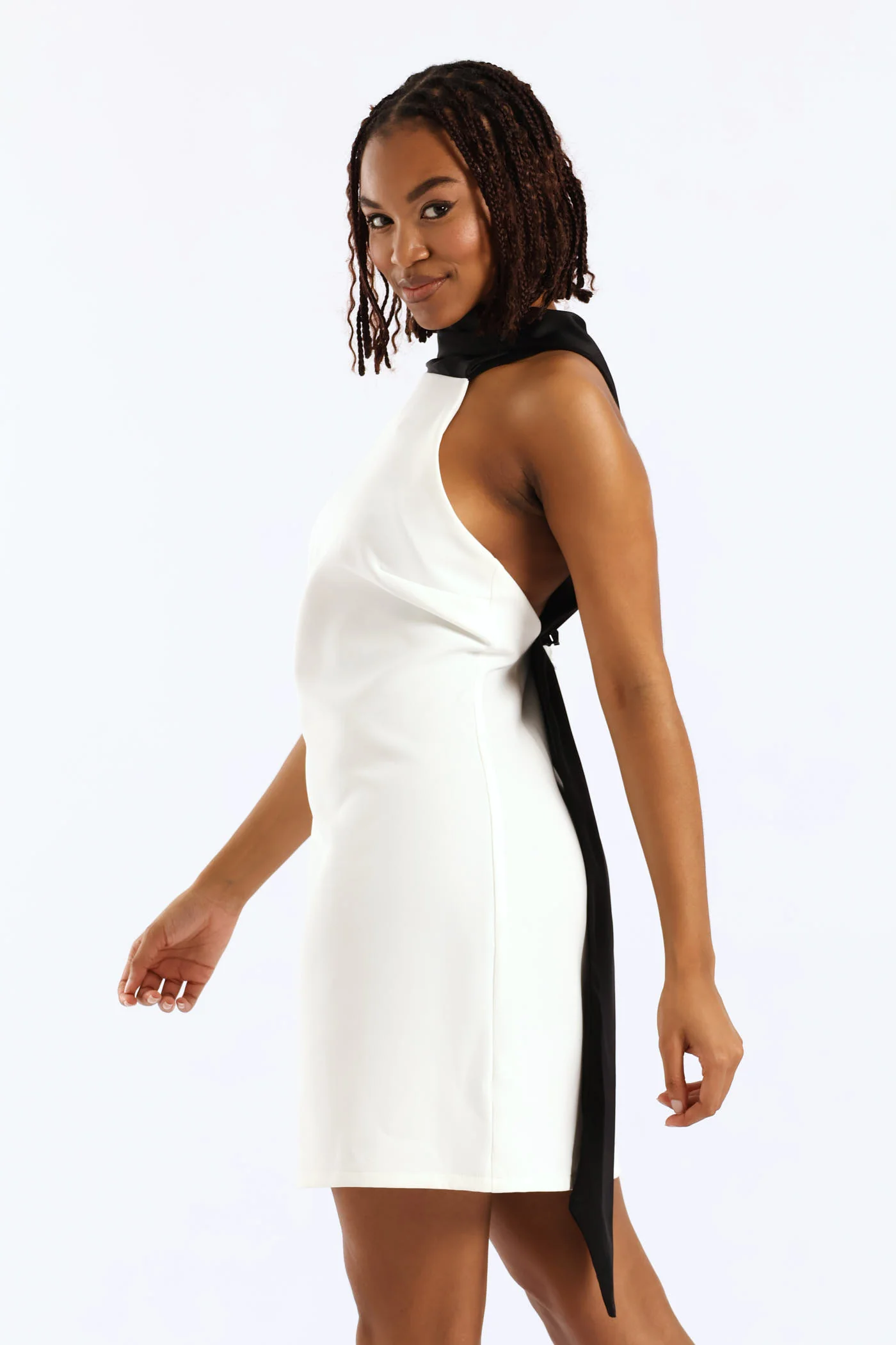 Halter Neck Mini Dress - White/Black - Image 3