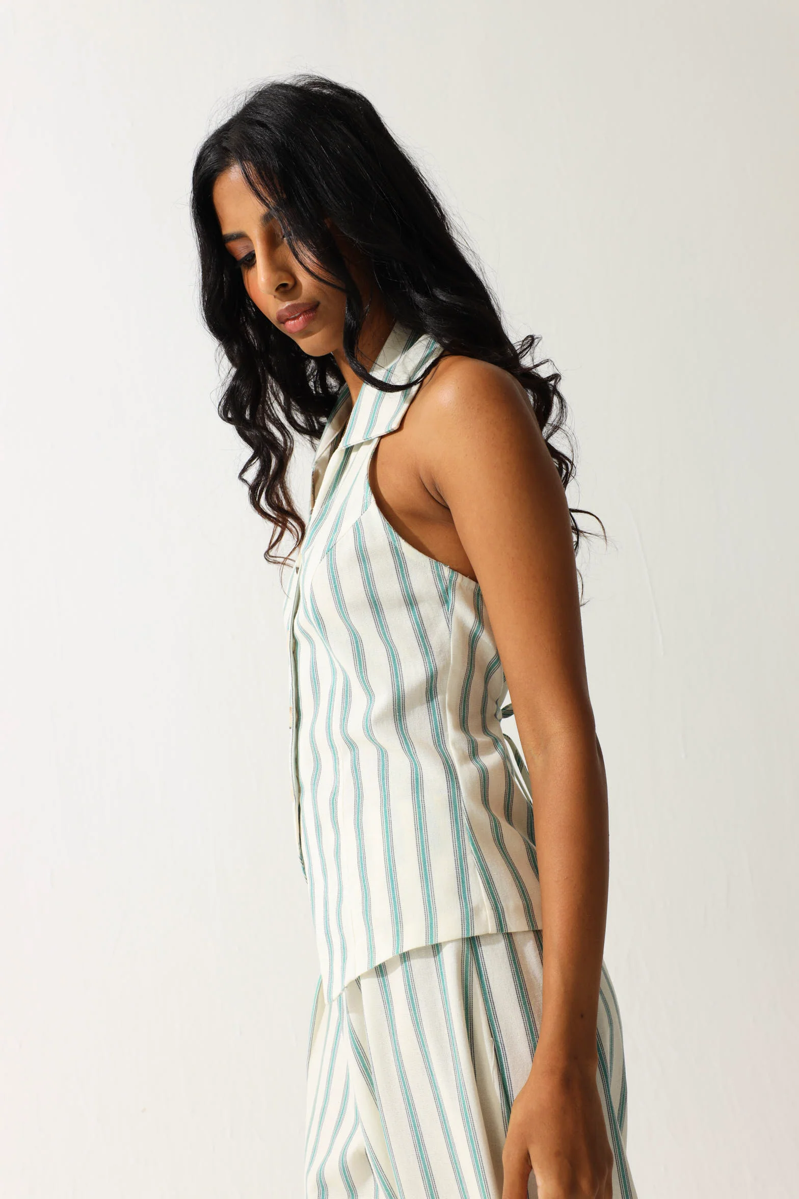 Halter neck Stripe Linen Look Blouse - Multi - Image 3