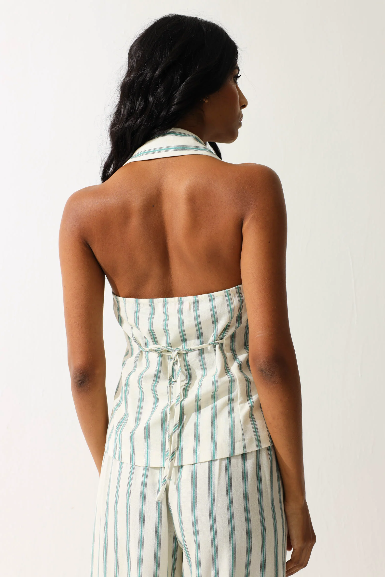 Halter neck Stripe Linen Look Blouse - Multi - Image 4
