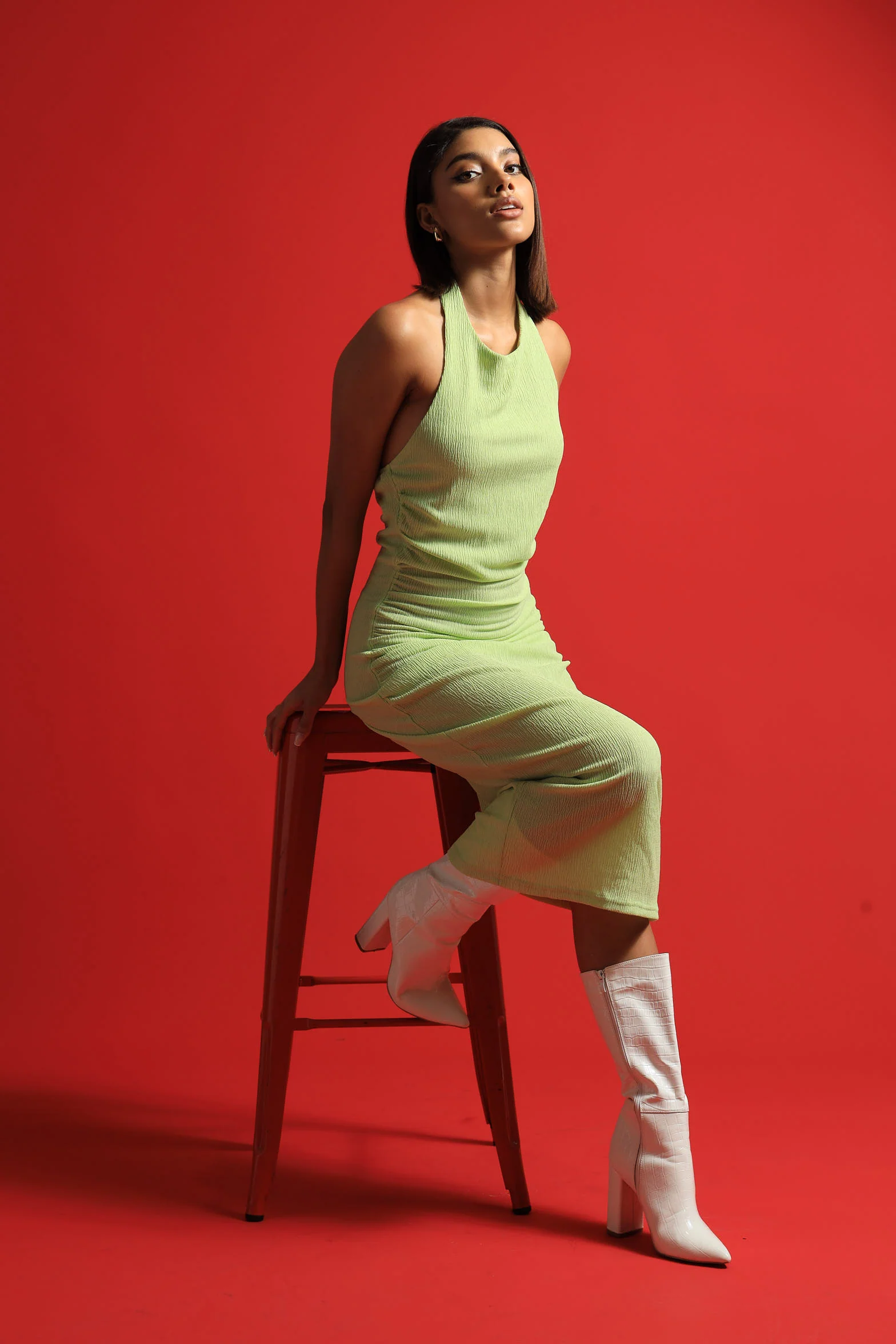 Halter Side Gauged Textured Midi Dress - Lime