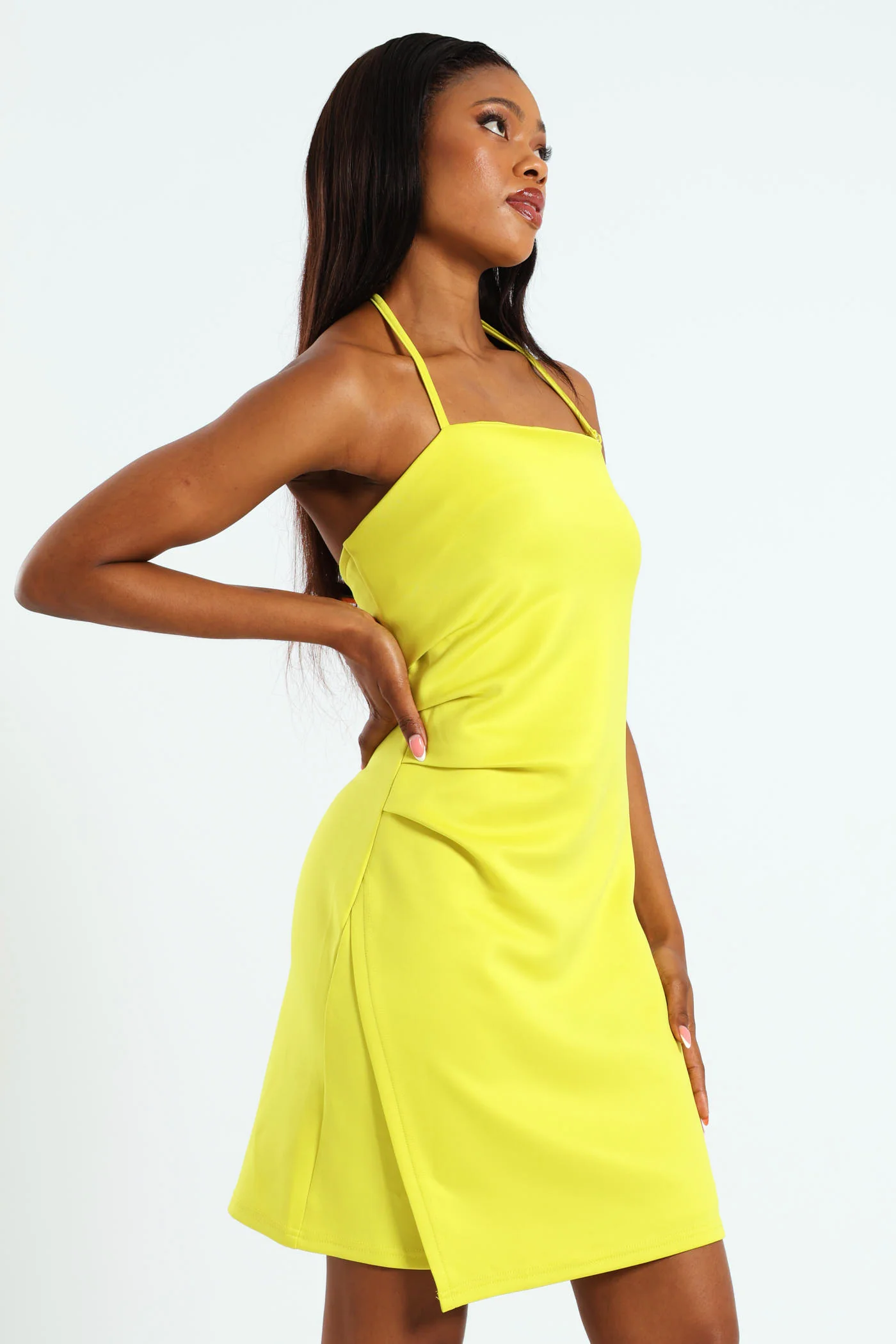 Halter Side Gauged Wrap Mini Dress - Lime - Image 4