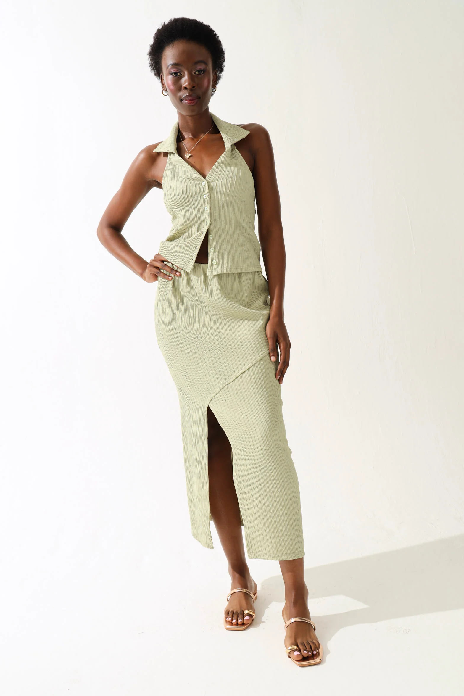 Halterneck Collared Button Through Shirt - Sage