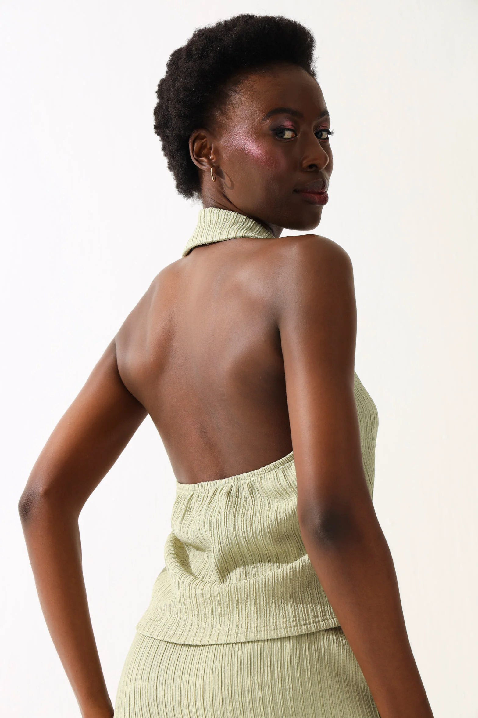 Halterneck Collared Button Through Shirt - Sage - Image 4