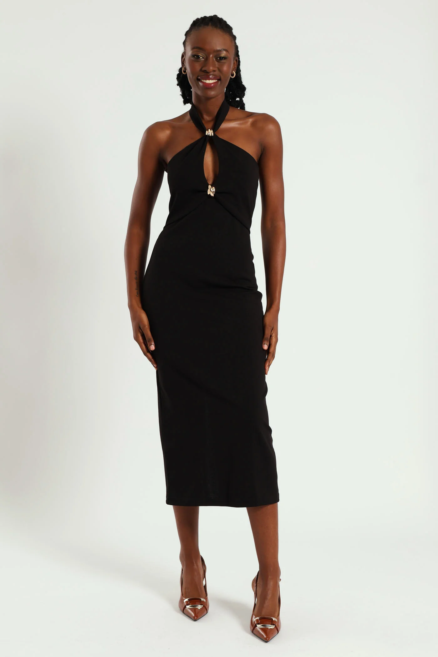 Halterneck Trim Detail Bodycon Dress - Black