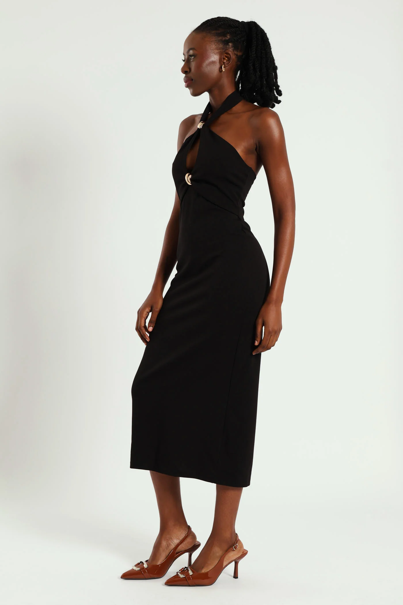 Halterneck Trim Detail Bodycon Dress - Black - Image 3
