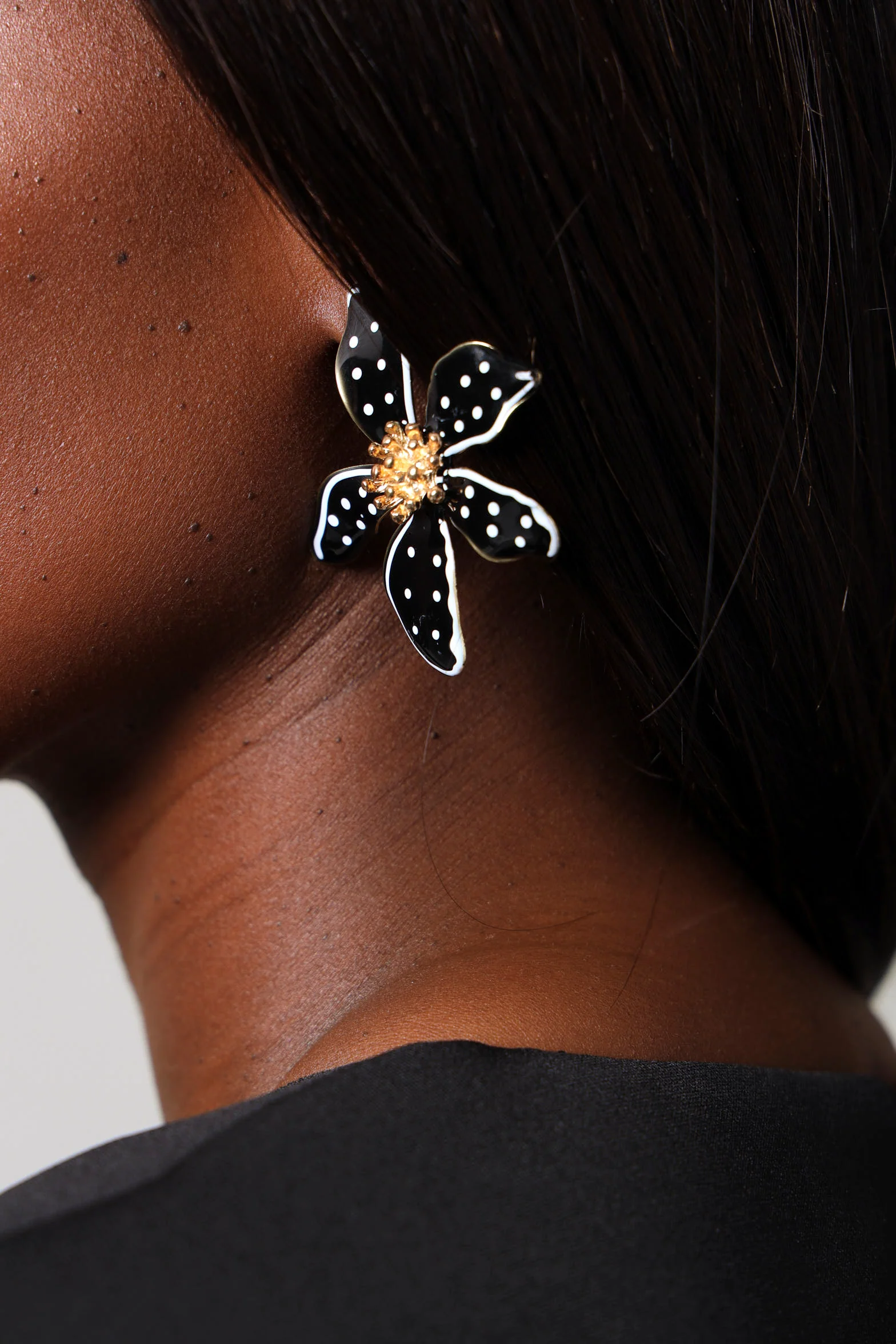 Hand Painted Flower Statement Earrings -  Black - Image 2