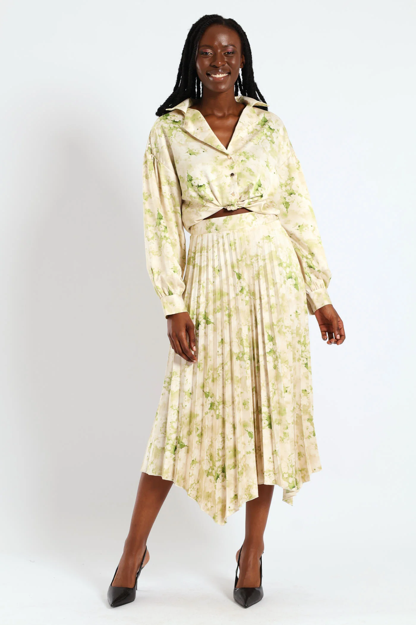 Hankey Hem Pleated Skirt - Cream/Green - Image 2