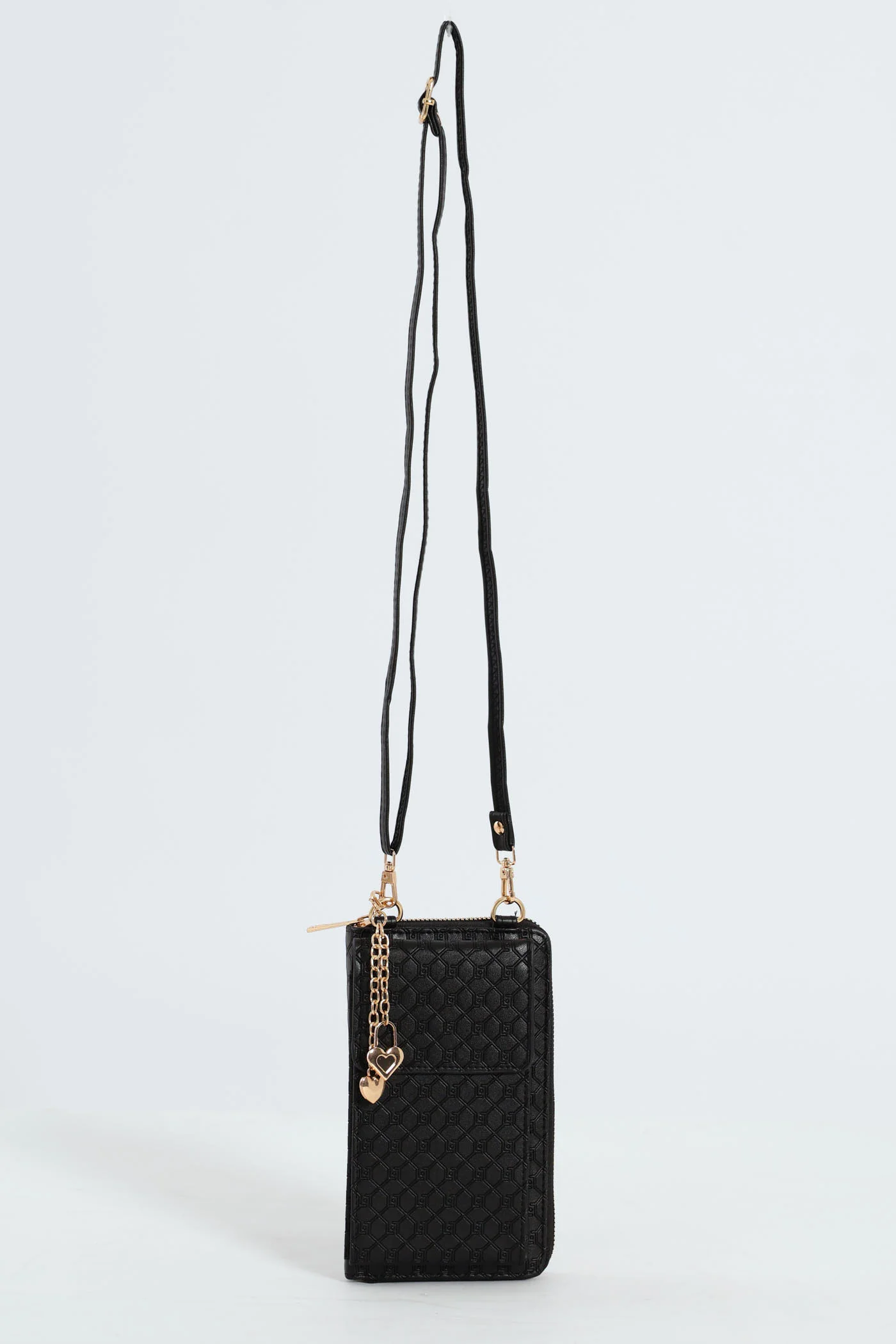 Heart Charm Monogram Embossed Cellphone Satchel Bag - Black