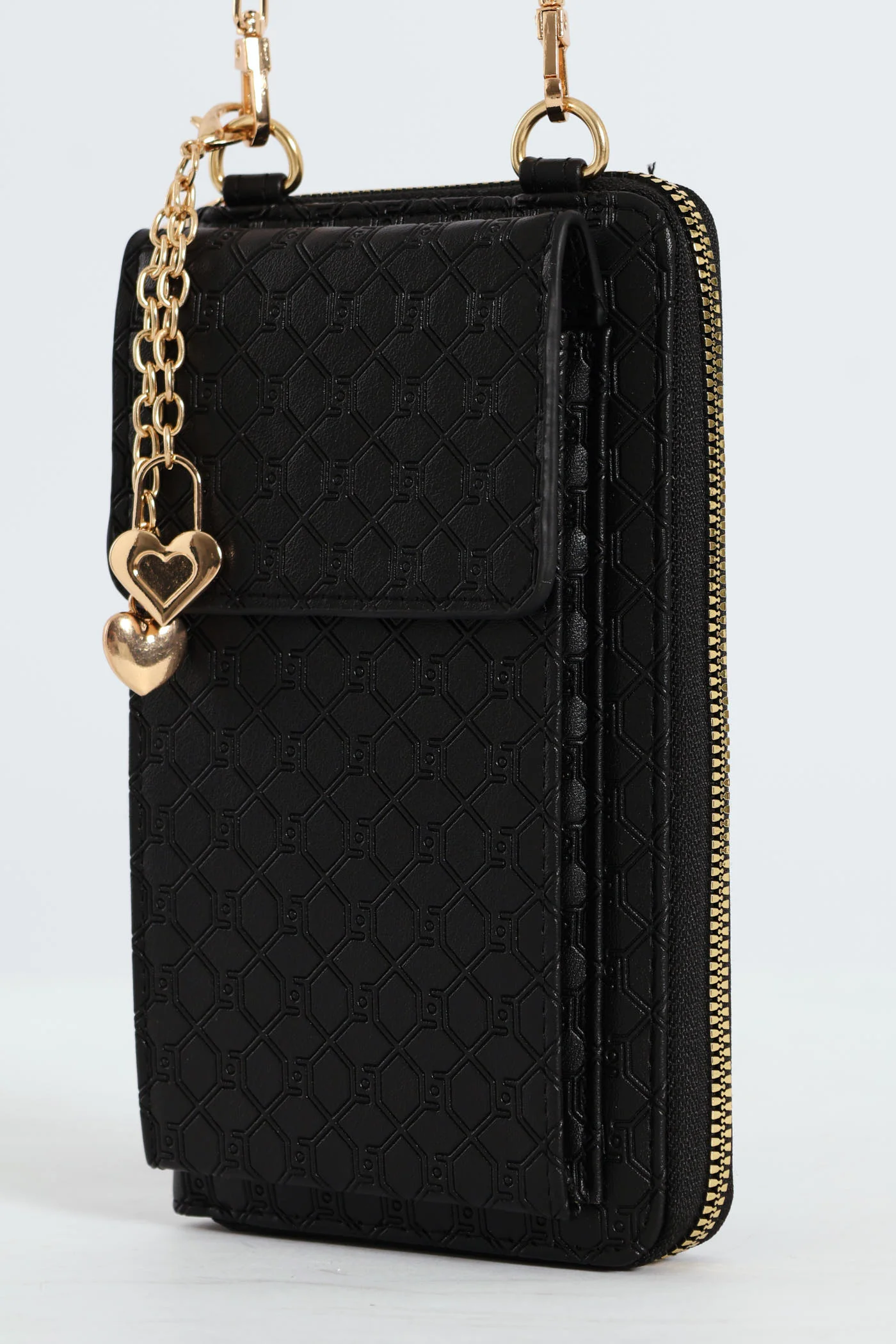 Heart Charm Monogram Embossed Cellphone Satchel Bag - Black - Image 4
