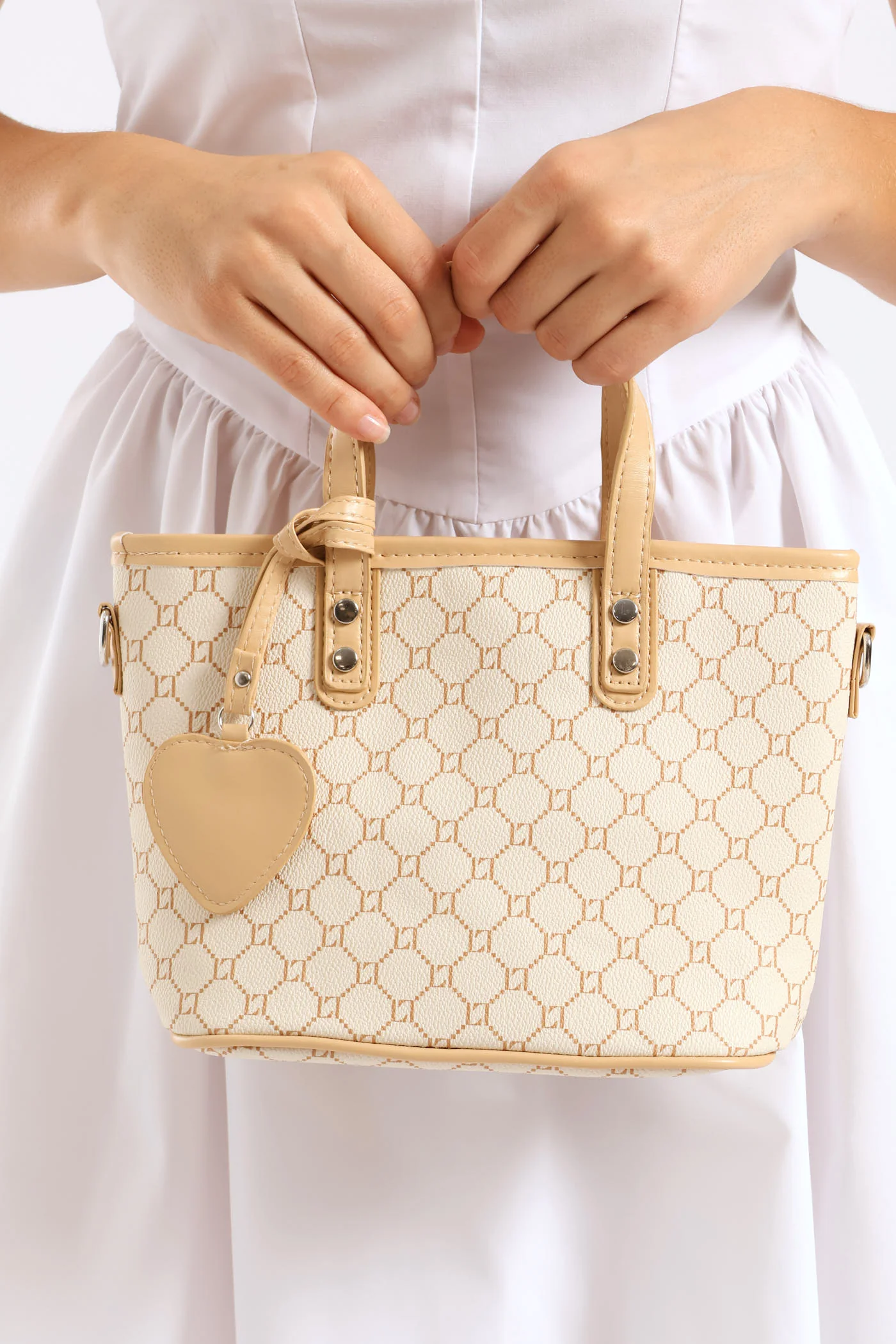 Heart Charm Printed Monogram Tote Bag - Beige
