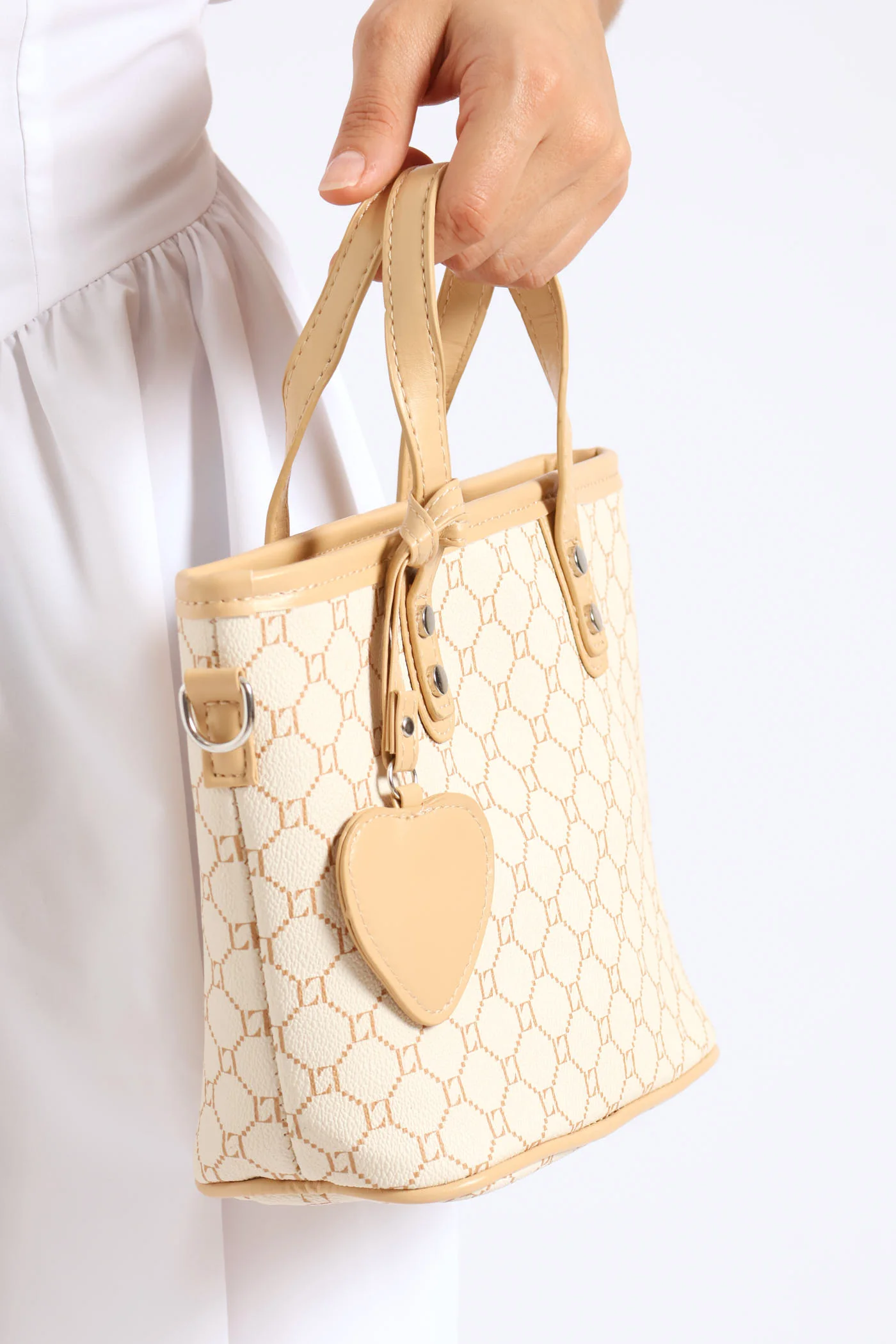 Heart Charm Printed Monogram Tote Bag - Beige - Image 2