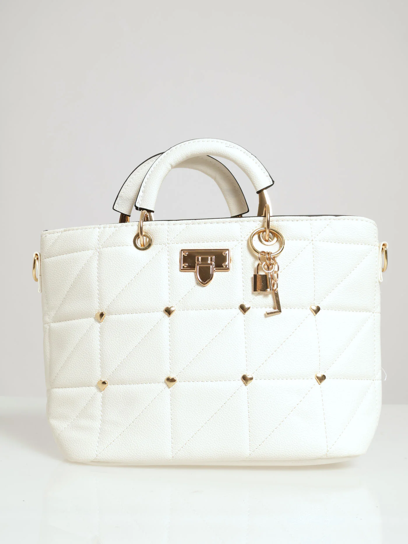 Heart Stud & Charm Metal Handle Tote Bag - White