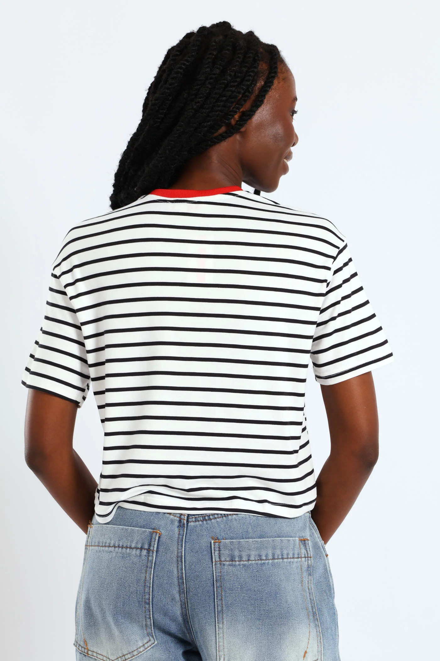 Heart Trim Contrast Stripe Tee - Black/White - Image 4