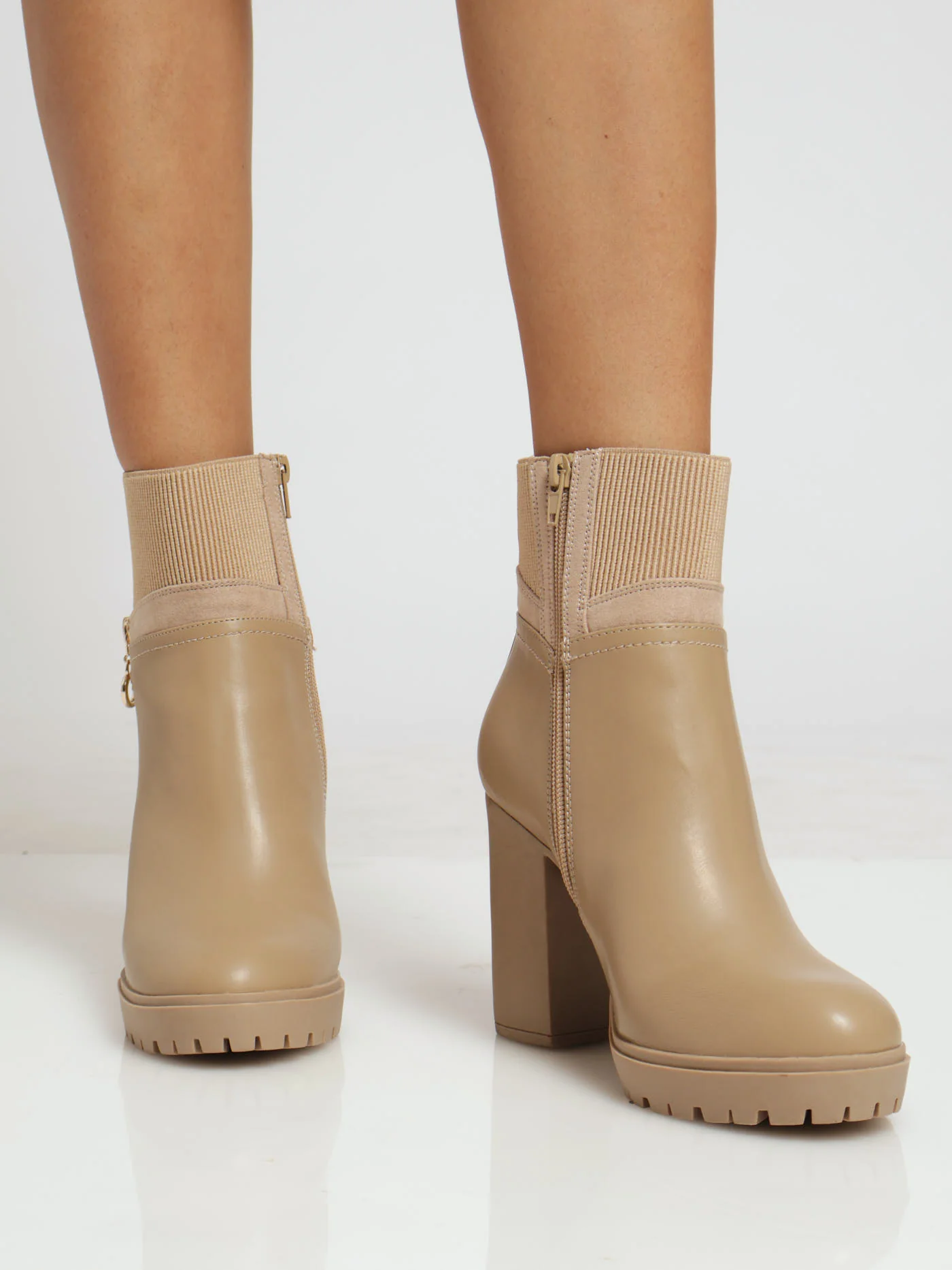Heeled Ankle Boot With Ribbed Collar & Zip Detail - Beige - Image 2