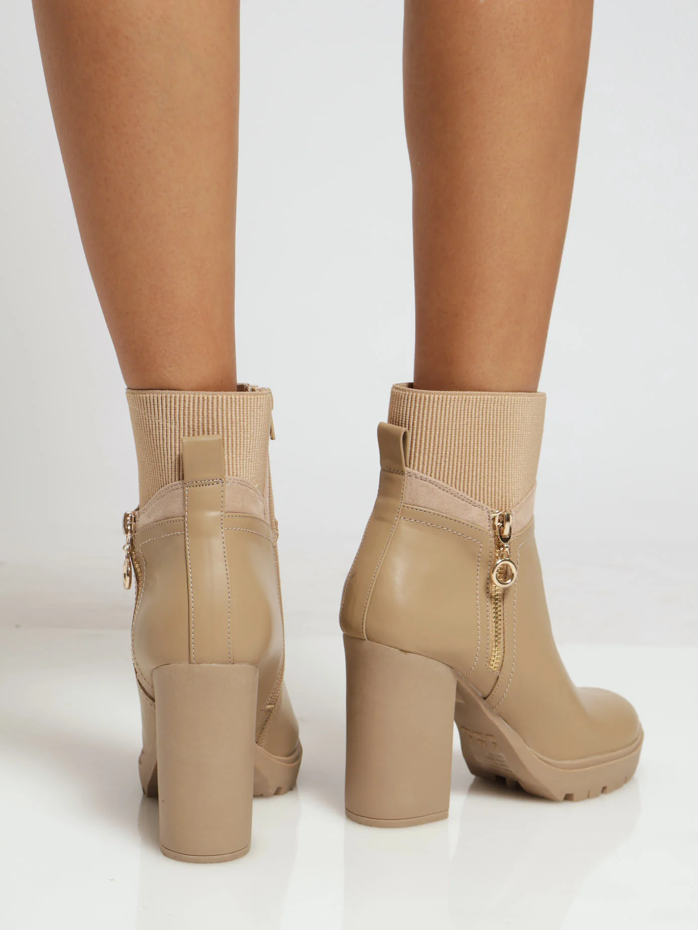 Heeled Ankle Boot With Ribbed Collar & Zip Detail - Beige - Image 3