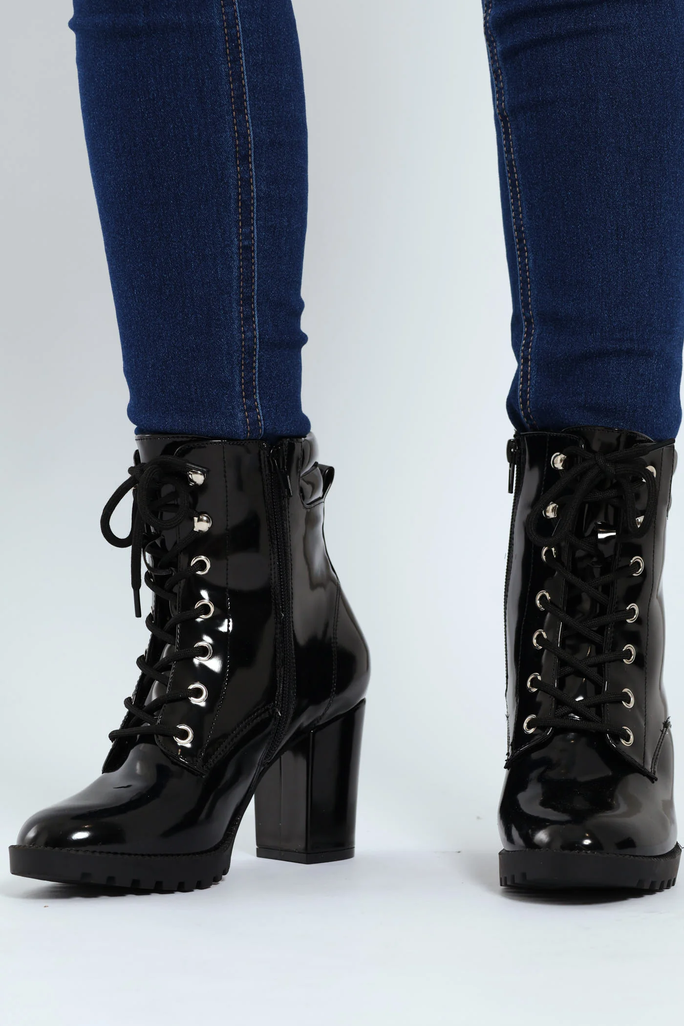 Heeled Ankle Lace Up Boot With Eyelet Detail - Black - Image 2