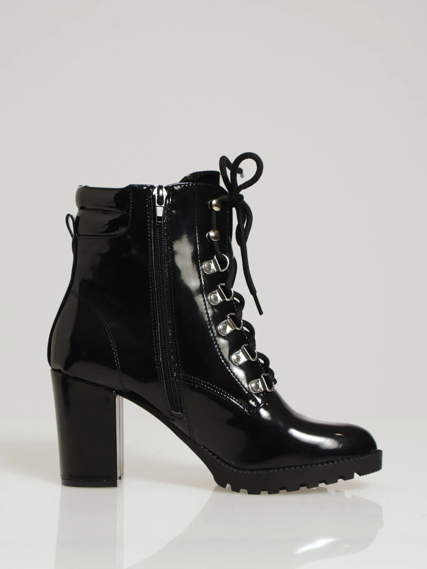Heeled Ankle Lace Up Boot With Eyelet Detail - Black - Image 2