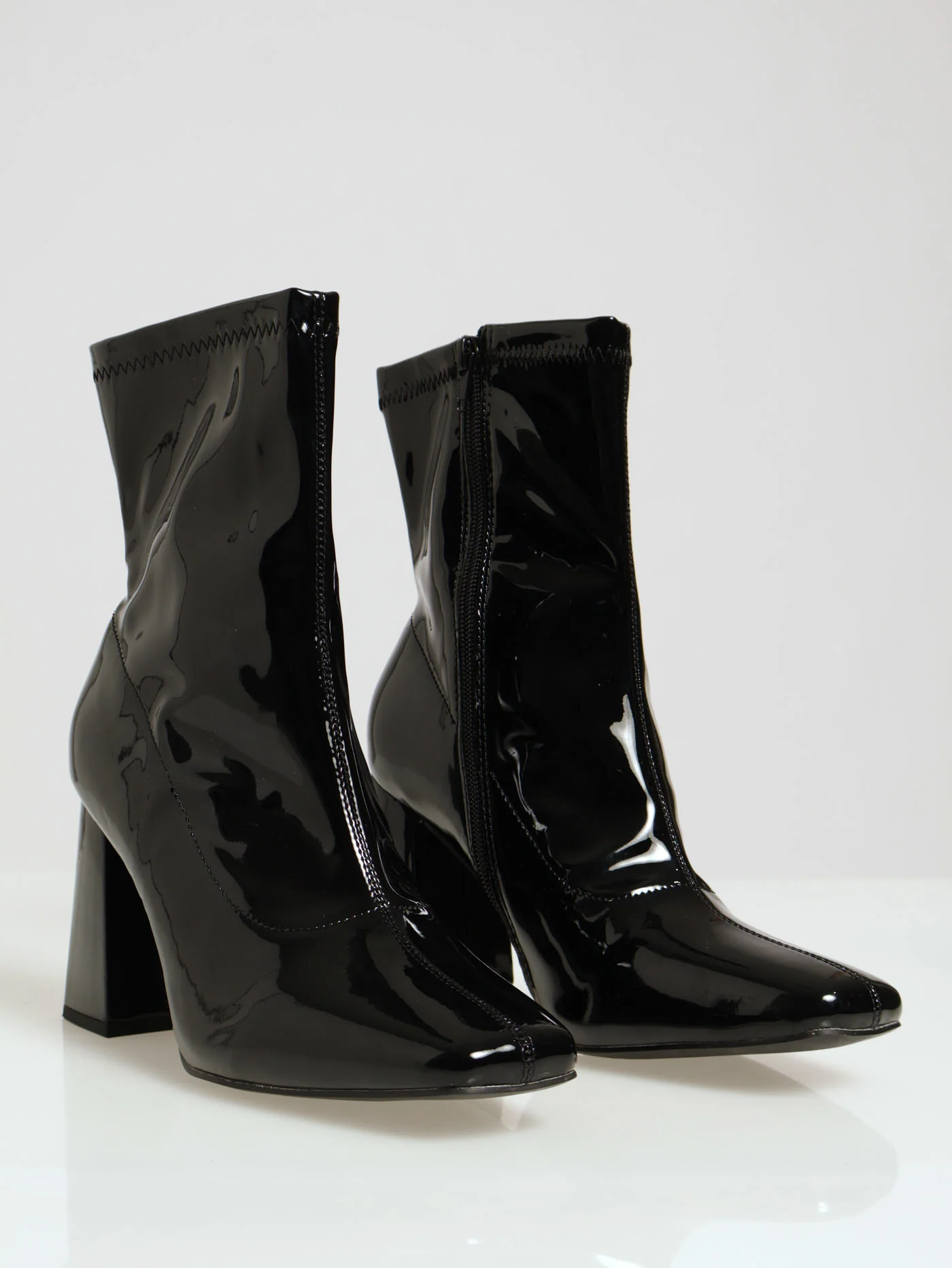 Heeled Ankle Patent Sock Boots - Black