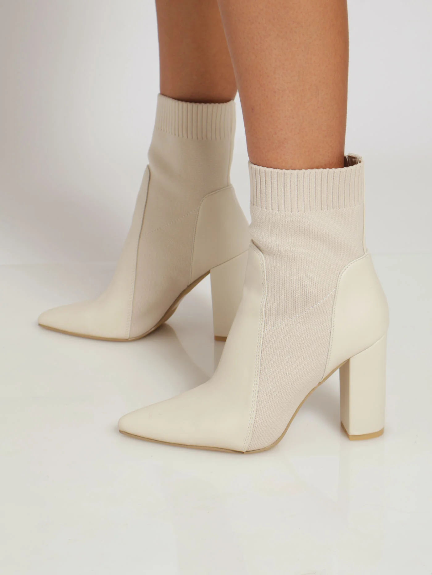 Heeled Ankle Pointed Sock Boot With Rib Detail - Off White