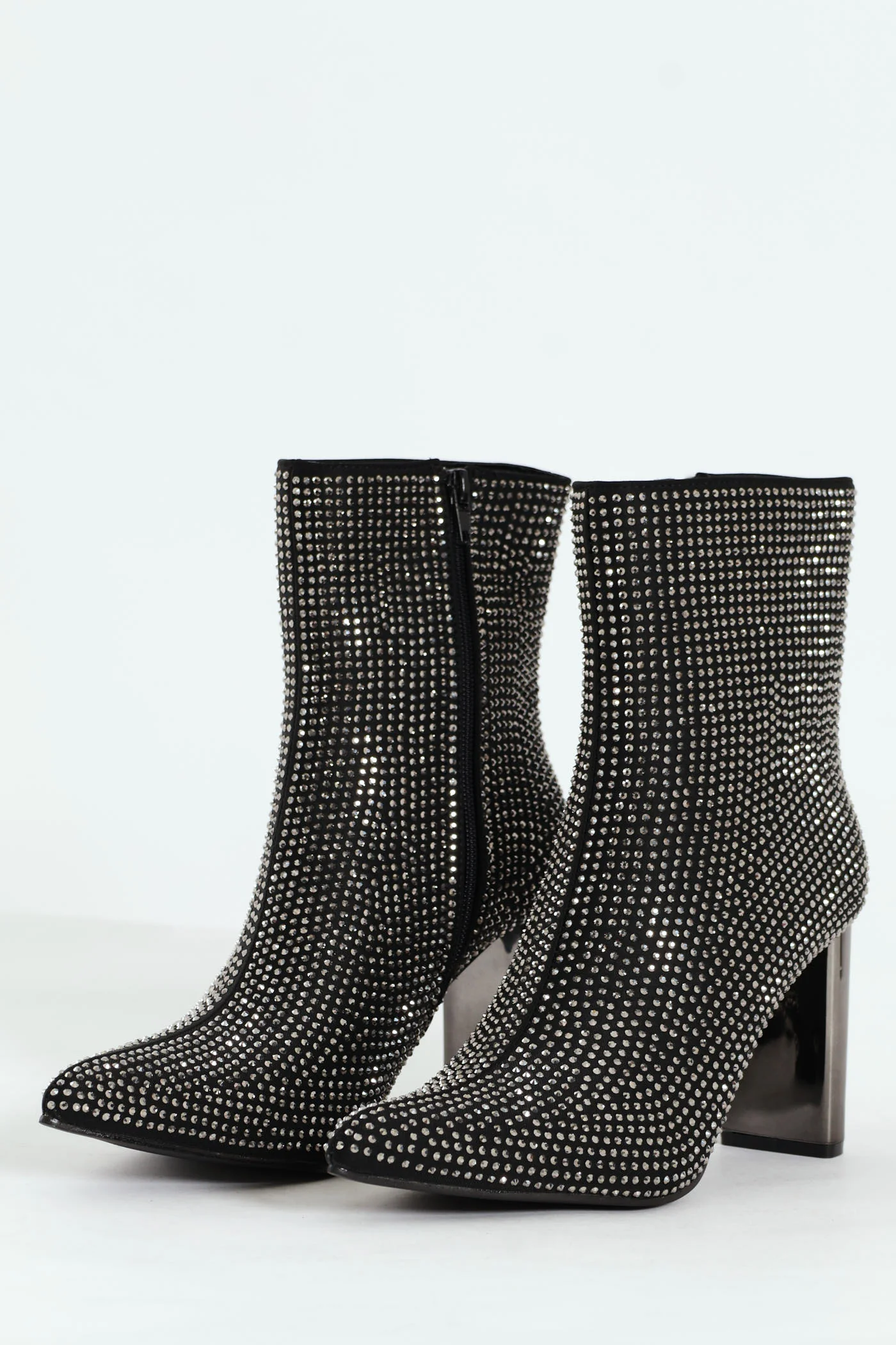 Heeled Ankle Pointy Diamante Sock Boot - Gunmetal - Image 4