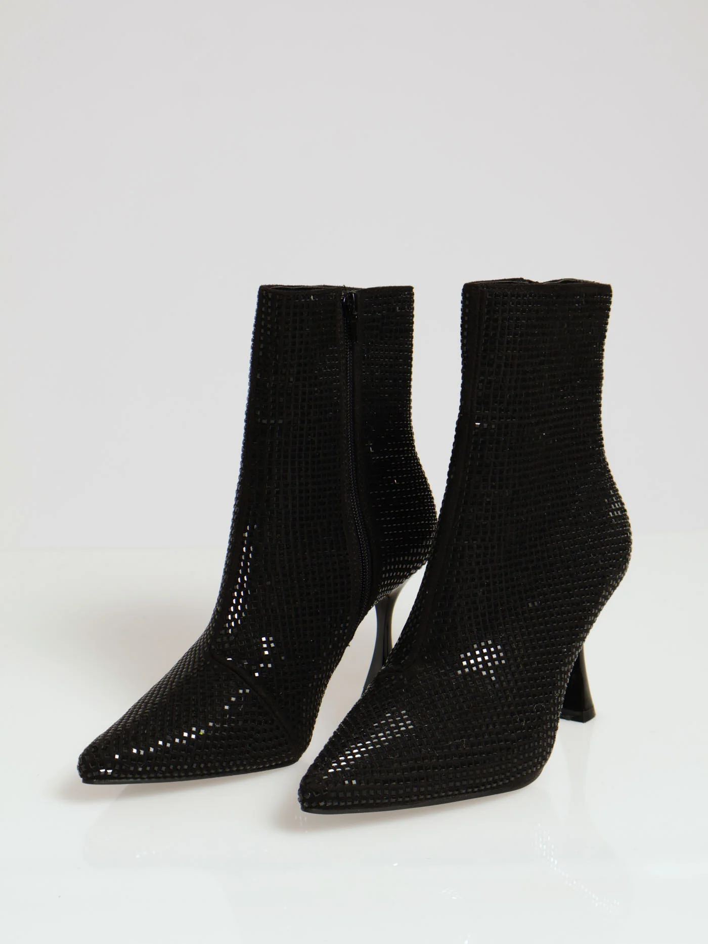 Heeled Ankle Pointy Full Diamante Boot - Black