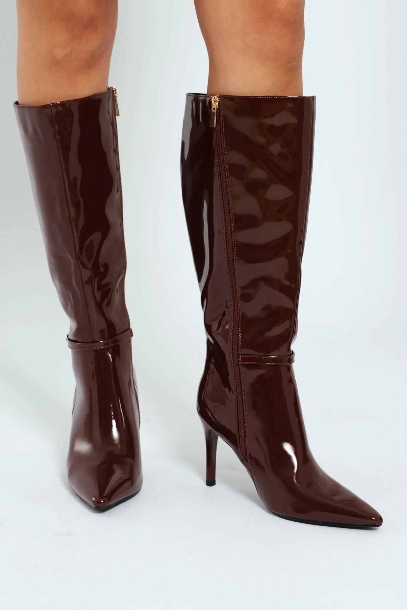 Heeled Knee Hi Patent Buckle Boot - Chocolate