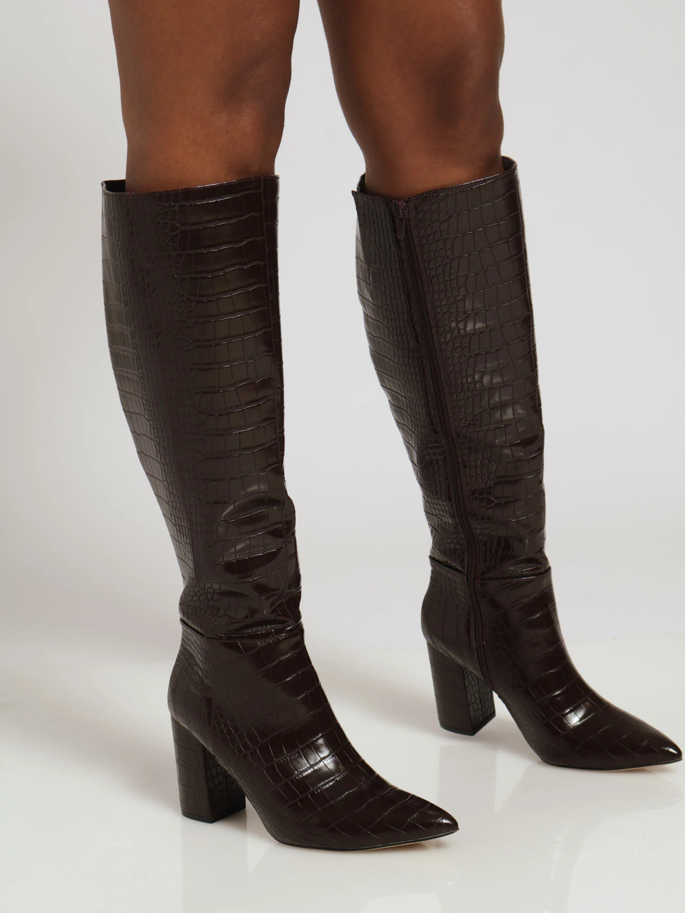 Heeled Knee High Pointy Croc Boot - Chocolate