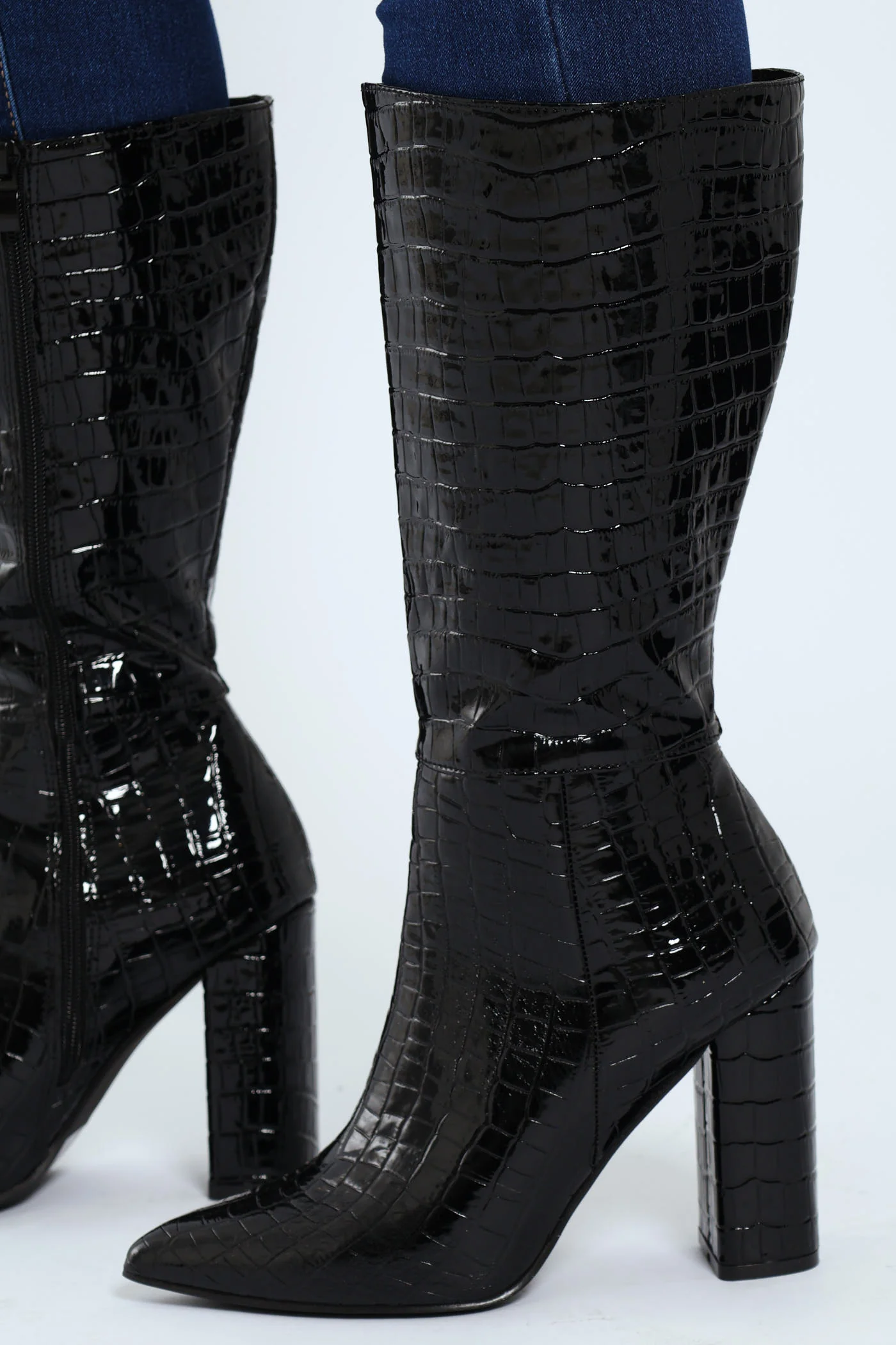 Heeled Mid Calf Pointy Croc Boot - Black