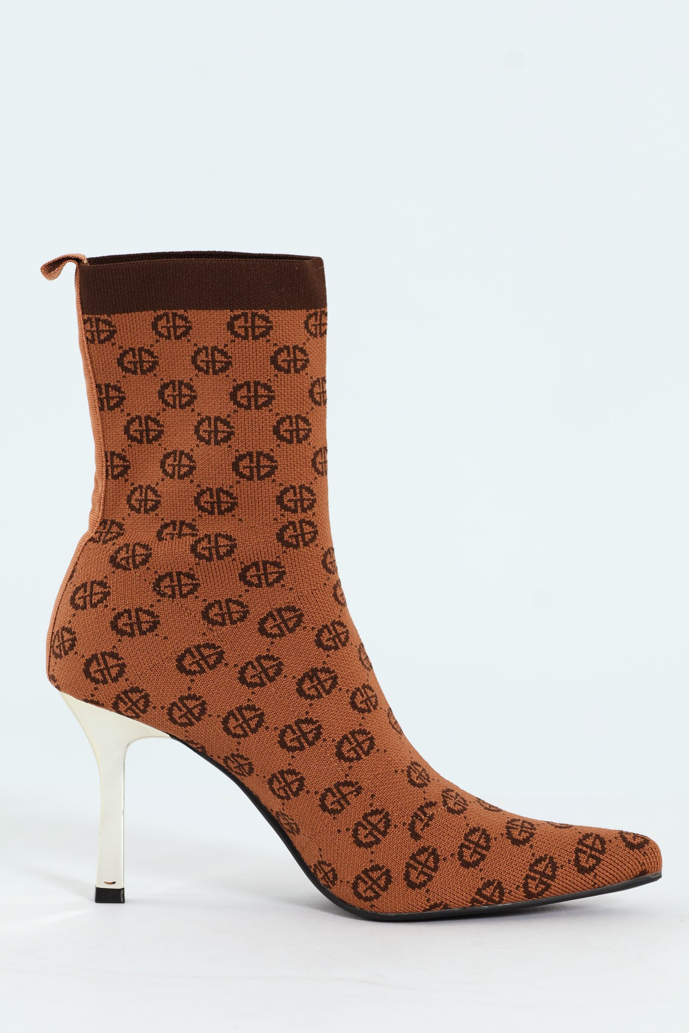 Heeled Mid Calf Pointy Monogram Sock Boot - Tan