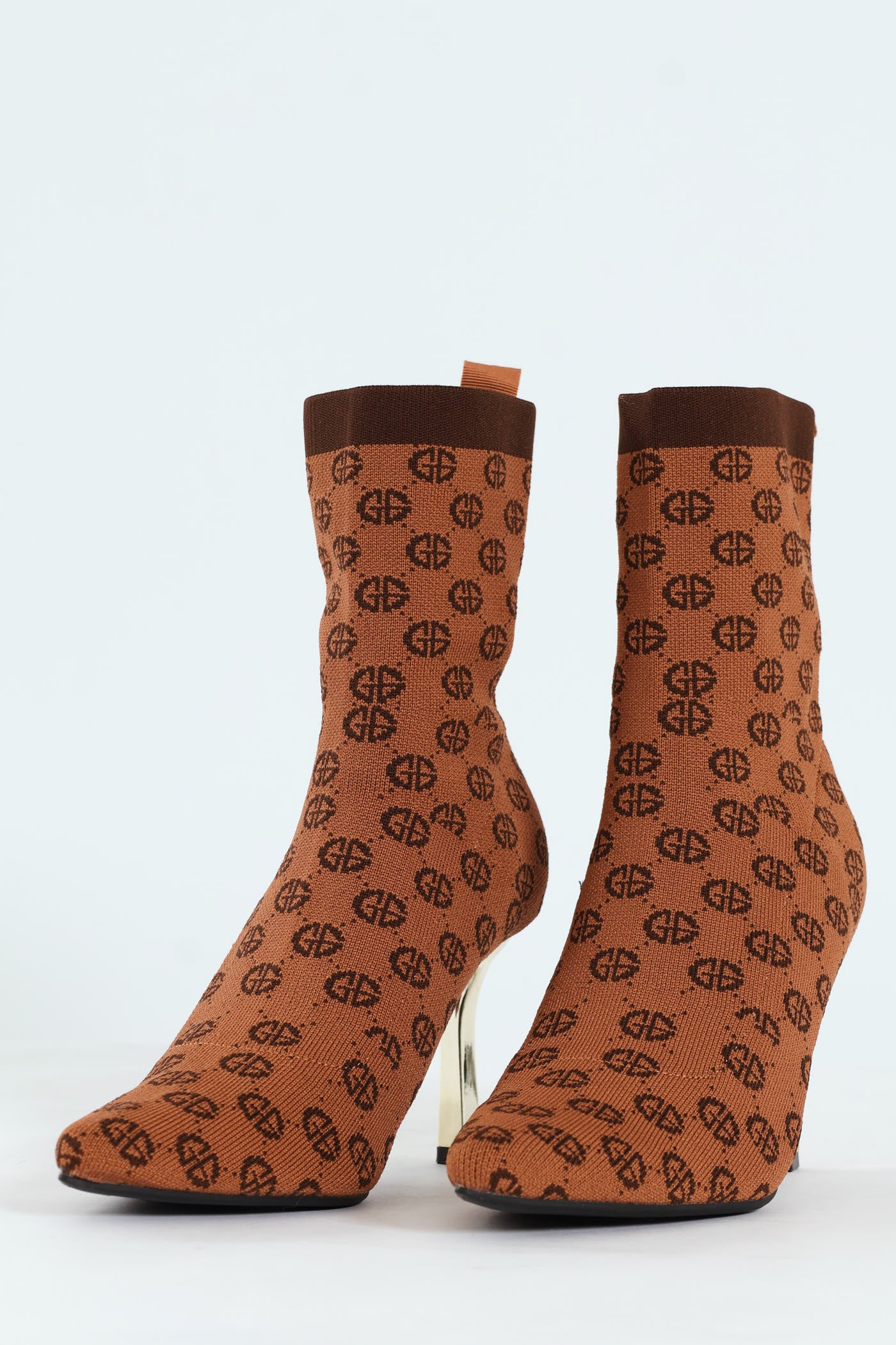 Heeled Mid Calf Pointy Monogram Sock Boot - Tan - Image 2