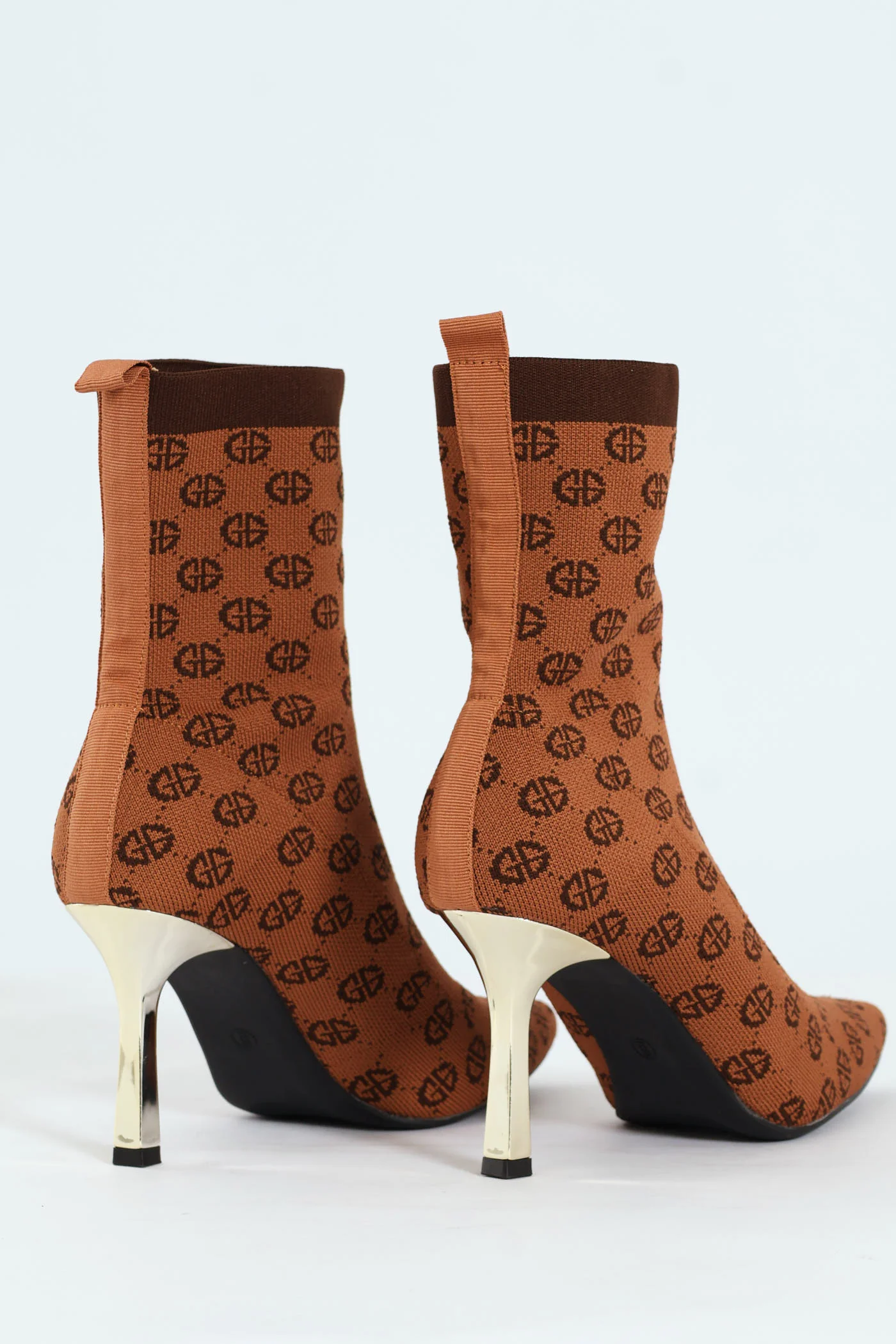 Heeled Mid Calf Pointy Monogram Sock Boot - Tan - Image 6