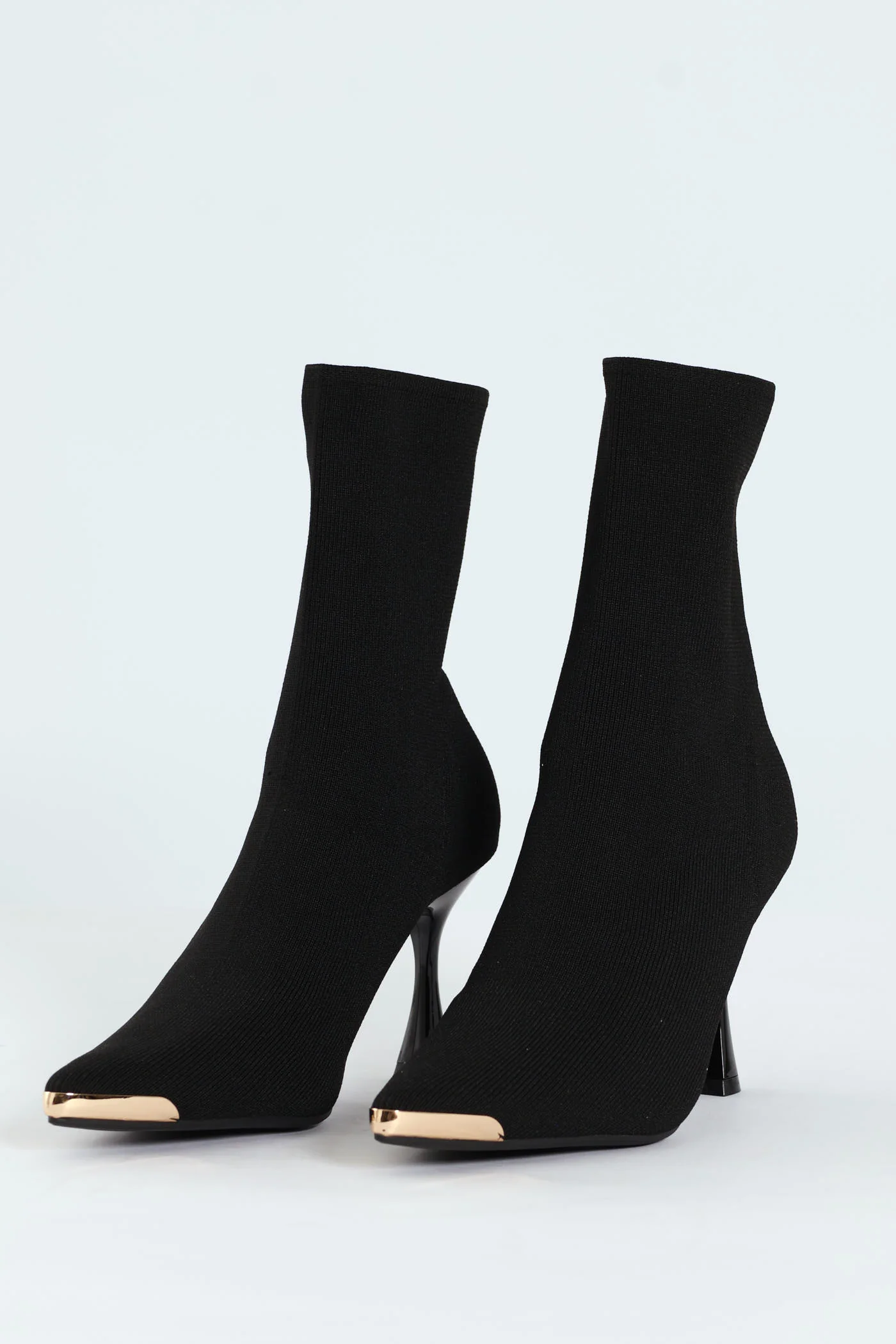 Heeled Mid Calf Pointy Sock Boot with Gold Toe Detail - Black - Image 2