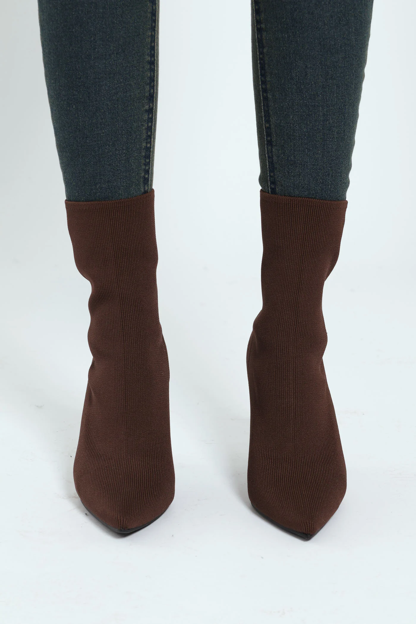 Heeled Mid Calf Pointy Sock Boot - Chocolate - Image 3