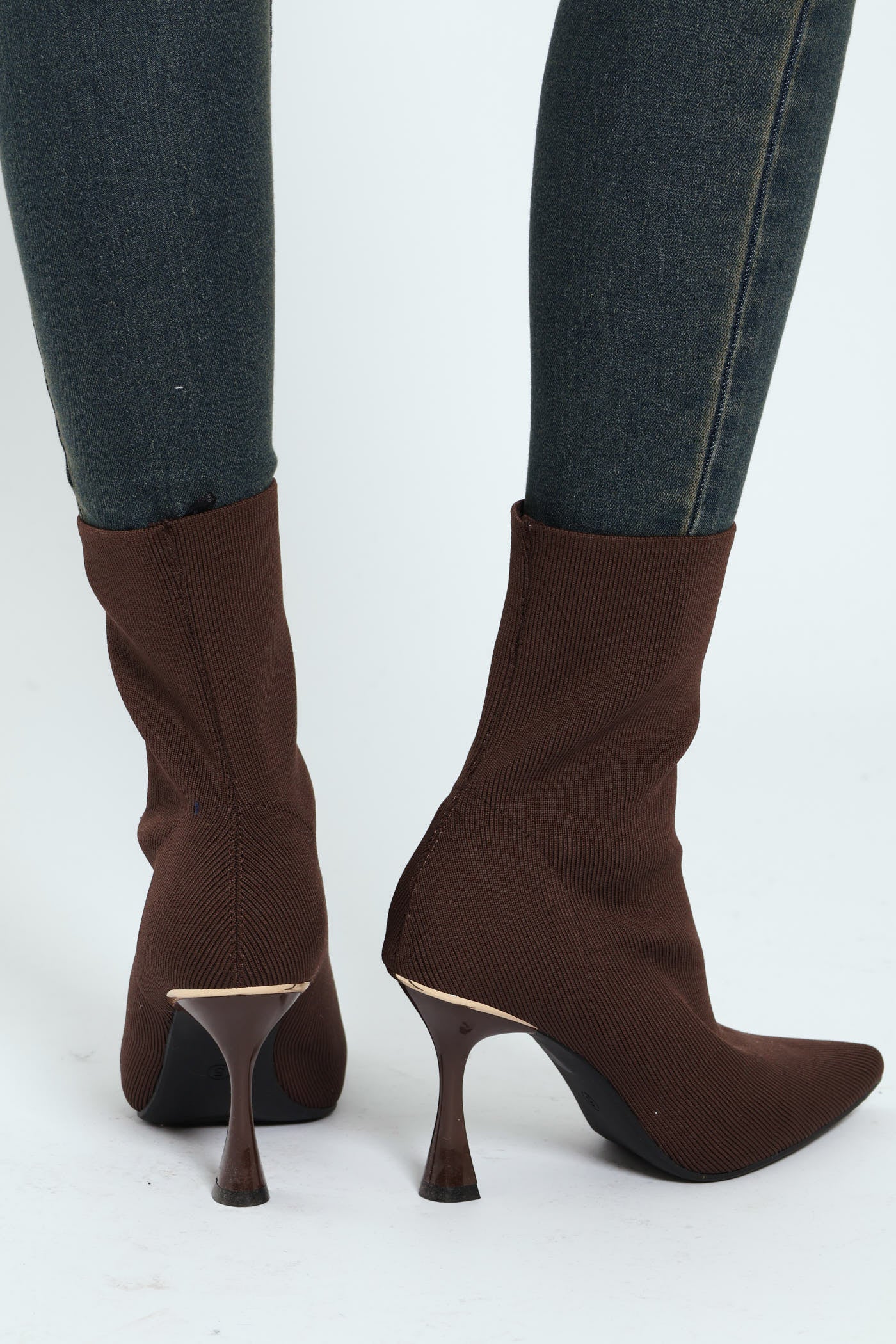 Heeled Mid Calf Pointy Sock Boot - Chocolate - Image 4