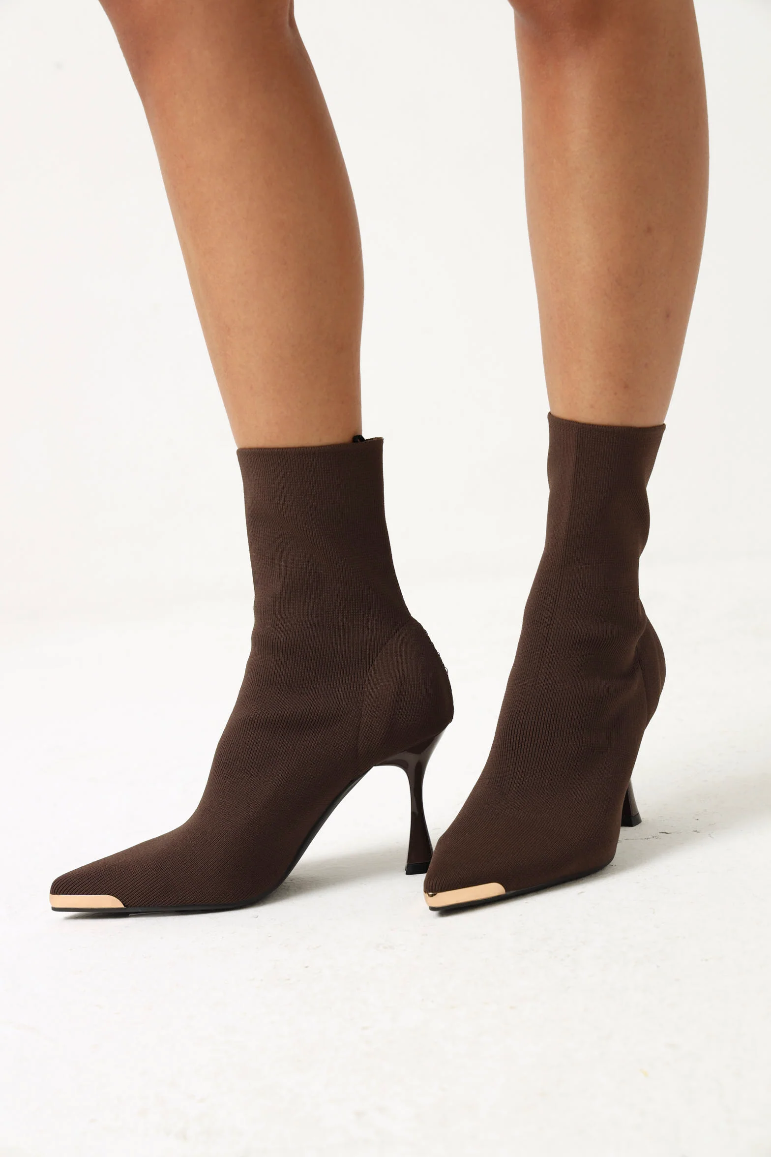 Heeled Mid Calf Pointy Sock Boot  - Chocolate - Image 7