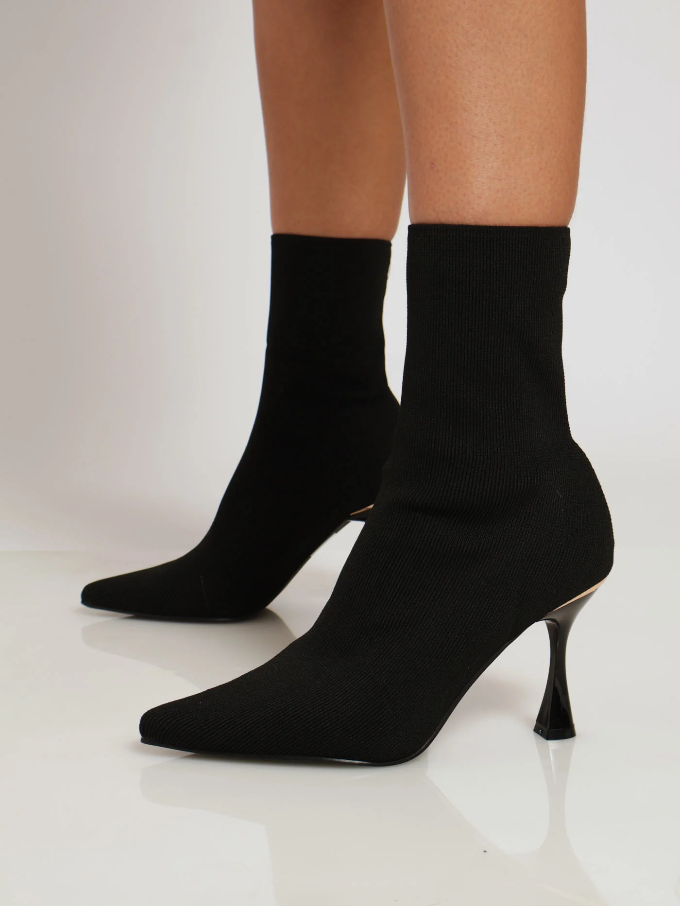 Heeled Mid Calf Pointy Sock Boot With Gold Heel - Black - Image 2