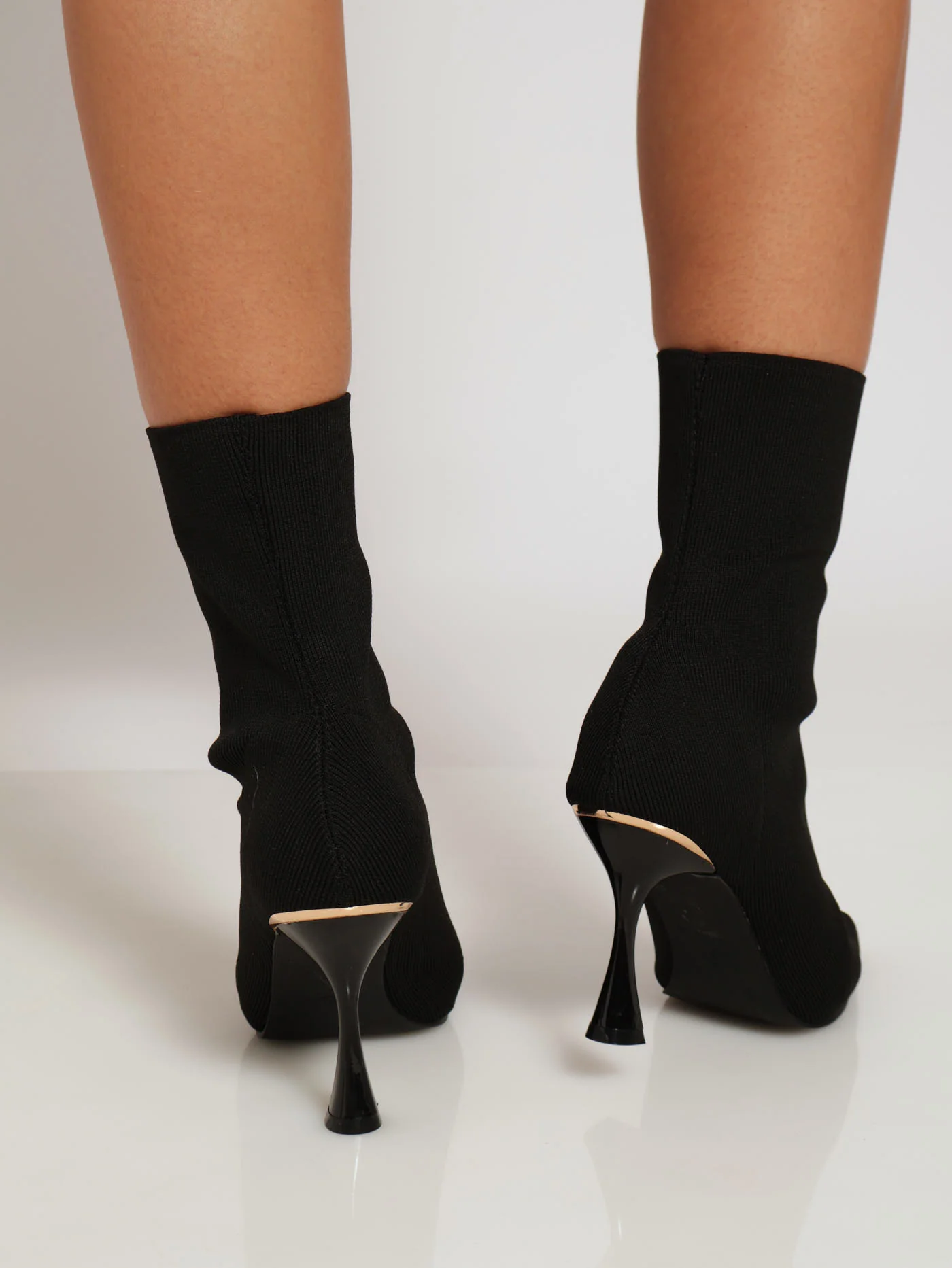 Heeled Mid Calf Pointy Sock Boot With Gold Heel - Black - Image 3