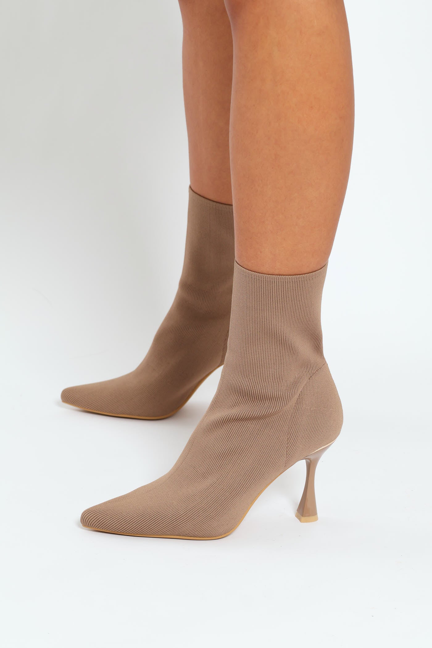 Mid Calf Pointy Sock Boot With Gold Heel - Taupe