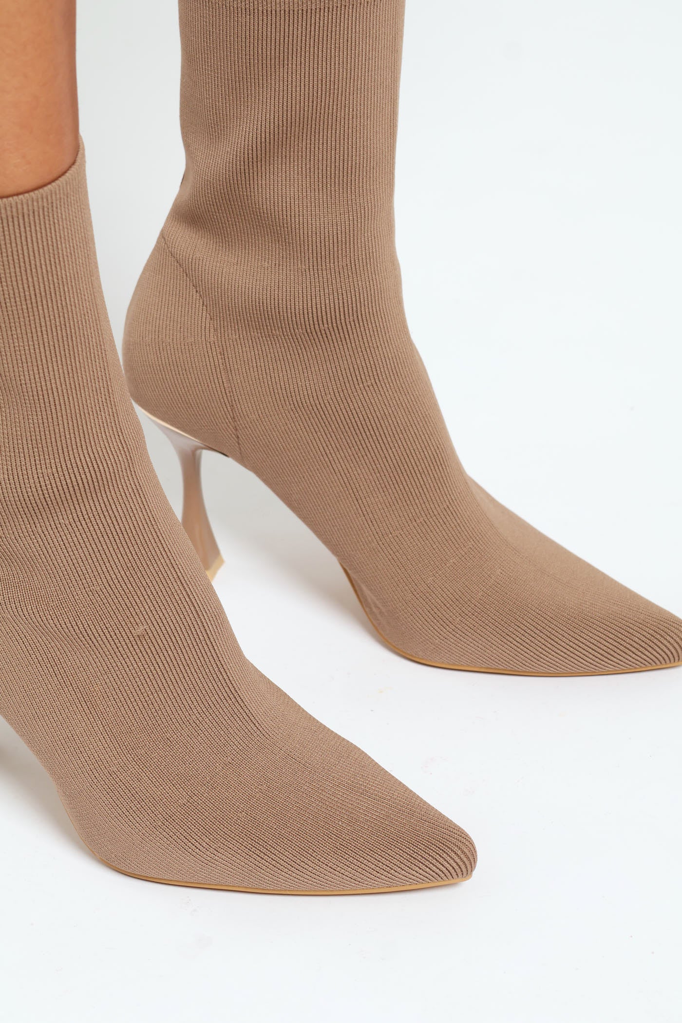 Mid Calf Pointy Sock Boot With Gold Heel - Taupe - Image 2