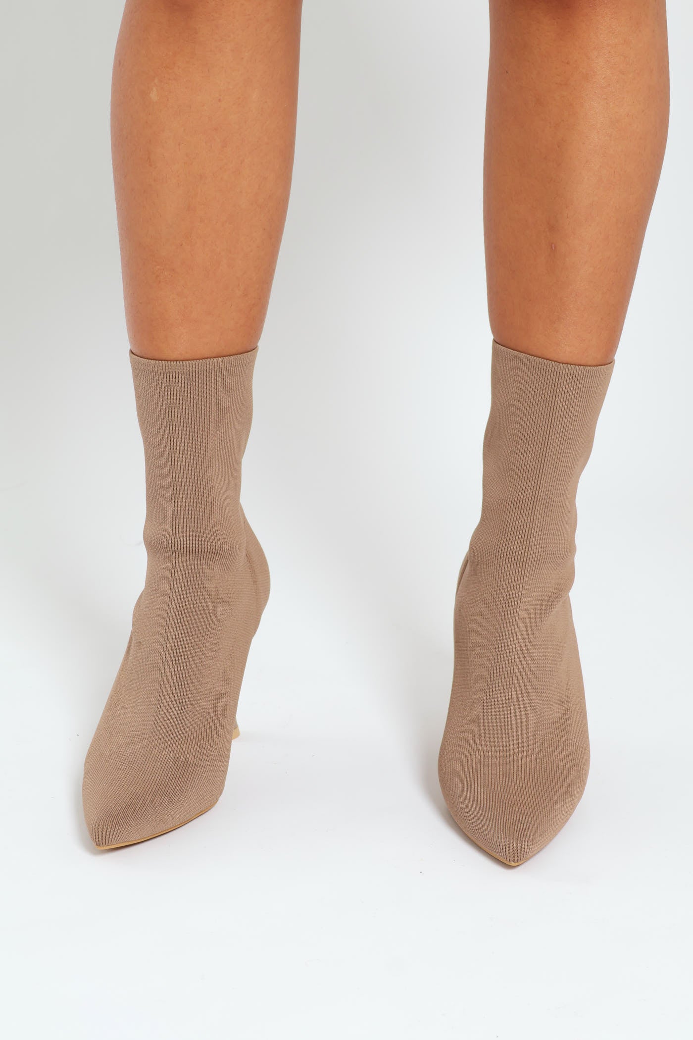 Mid Calf Pointy Sock Boot With Gold Heel - Taupe - Image 3