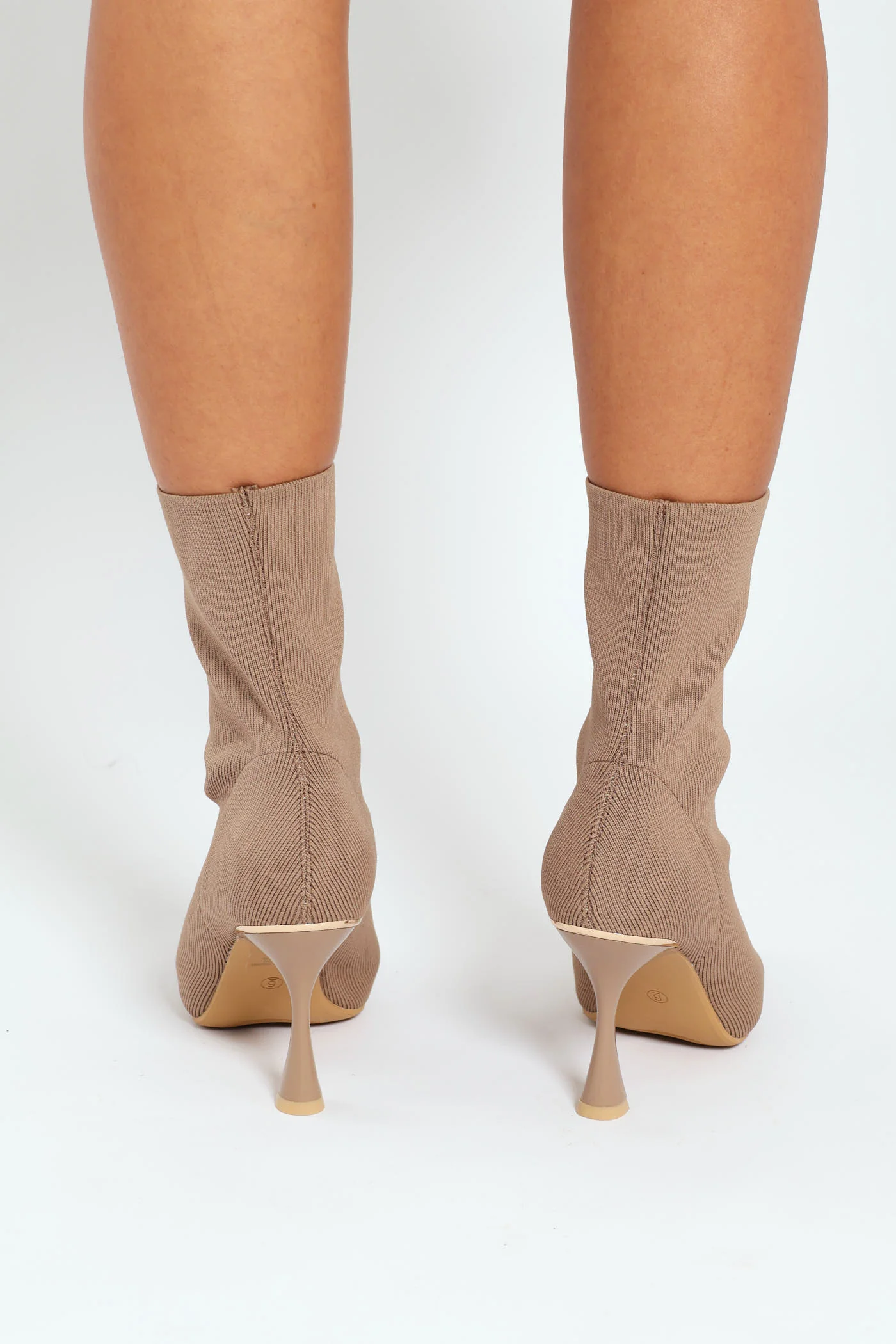 Mid Calf Pointy Sock Boot With Gold Heel - Taupe - Image 4