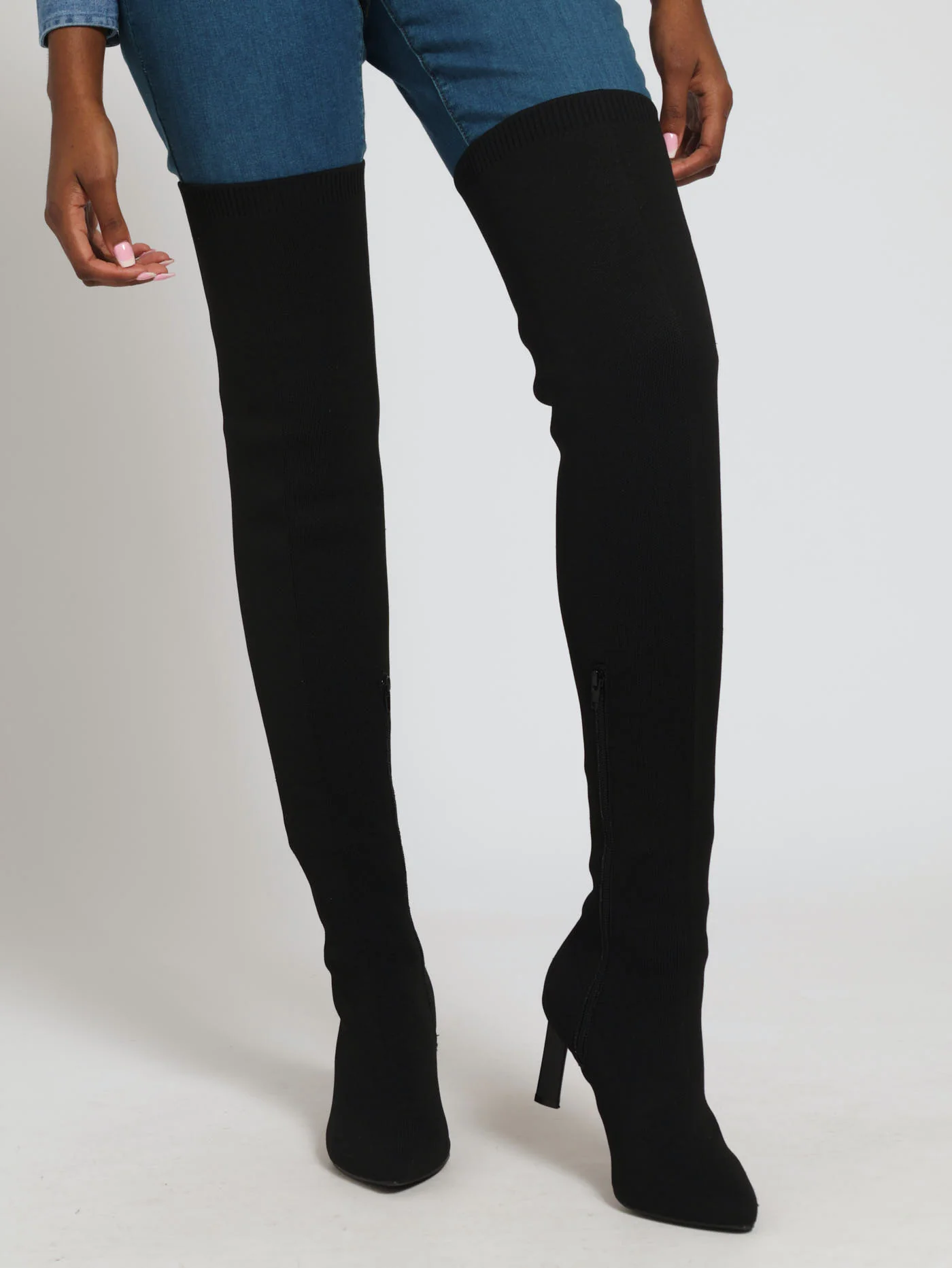 Heeled Over The Knee Pointy Sock Boot - Black