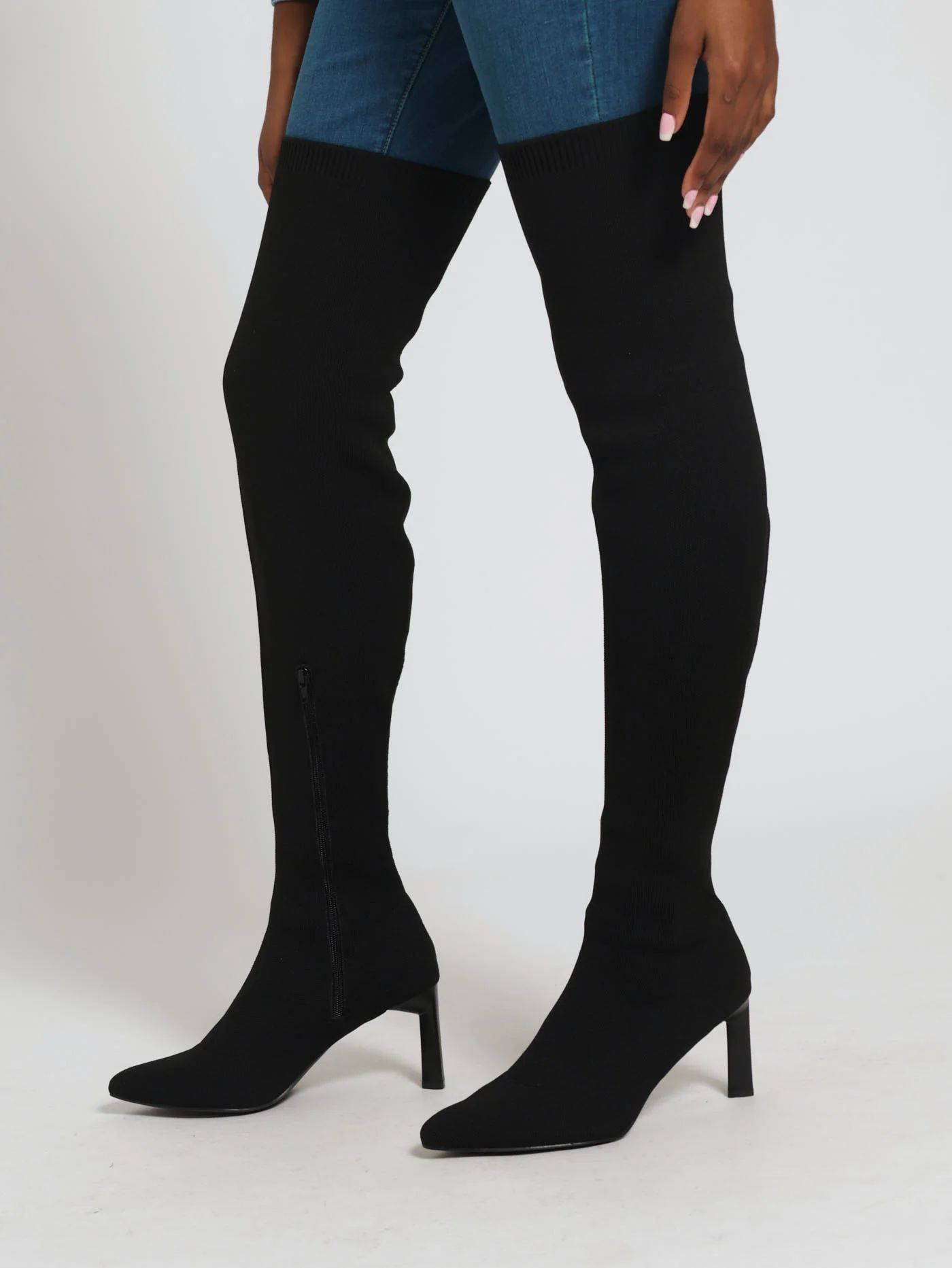 Heeled Over The Knee Pointy Sock Boot - Black - Image 2