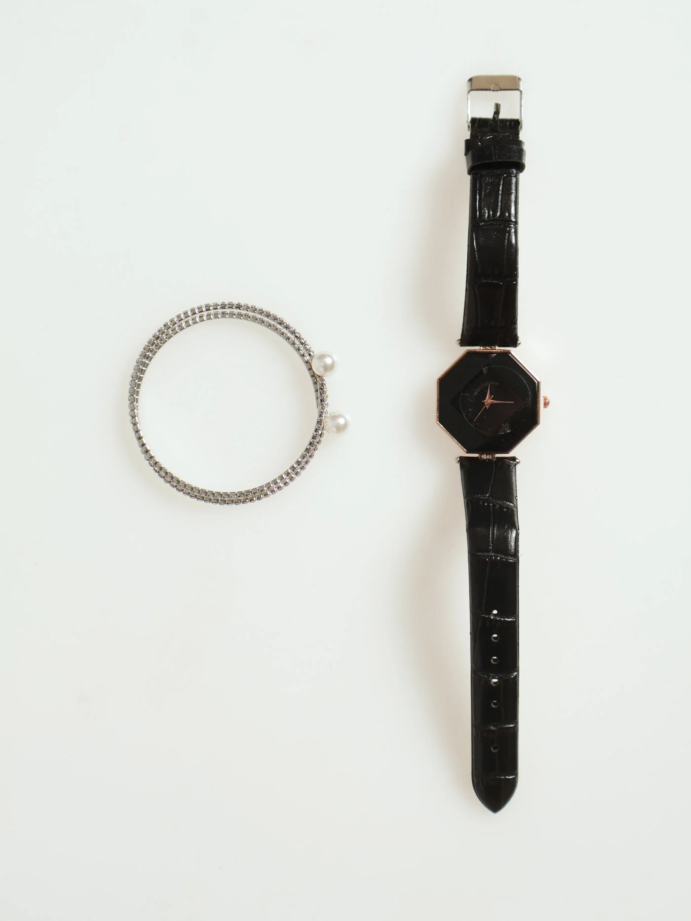 Hexagon Watch With Diamante Pearl Bracelet - Black - Image 2